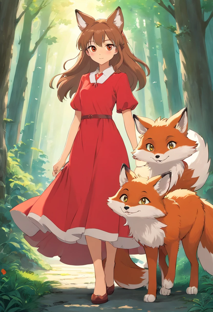 Furry fox girl with Hazel eyes wearing a red dress