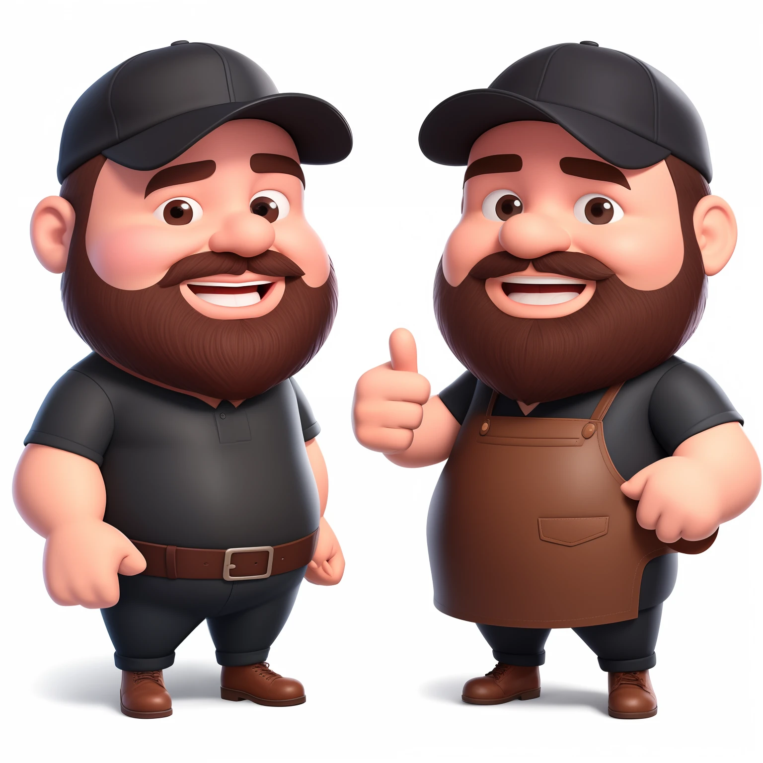 Cartoon illustration of two men with beards and a hat giving thumbs up, design de personagem de alta qualidade, commercial illustration, official illustration, design de personagem muito estilizado, design de personagem profissional, PERSONAGENS ALTAMENTE DETALHADOS, Personagens 3D, arte oficial, design de personagem altamente detalhado, musculoso, Design de personagem estilizado, Mascot illustration, arte do personagem, arte do personagem do jogo, design de personagens do jogo. cartoon character of a man named Edi. He is around 40 years old, overweight, has a large face, light brown hair and a beard. He has long, slender legs, amber eyes, and large cheeks. He is wearing a black t-shirt, black pants, leather apron, brown boots and a black cap. He has a wide smile and a medium-length beard. He is holding a large barbecue skewer in his hand and making a “thumbs up” sign. The image must be realistic and identical to the attached file. Include various poses and expressions. Create a very consistent character, record the characteristics (((((reference sheet))))) ((((character sheet)))) (((((multiple poses))))) ((((images far from each other)))) (((((image overlapping is prohibited))))) ((((((show the uncut image with complete composition))))))