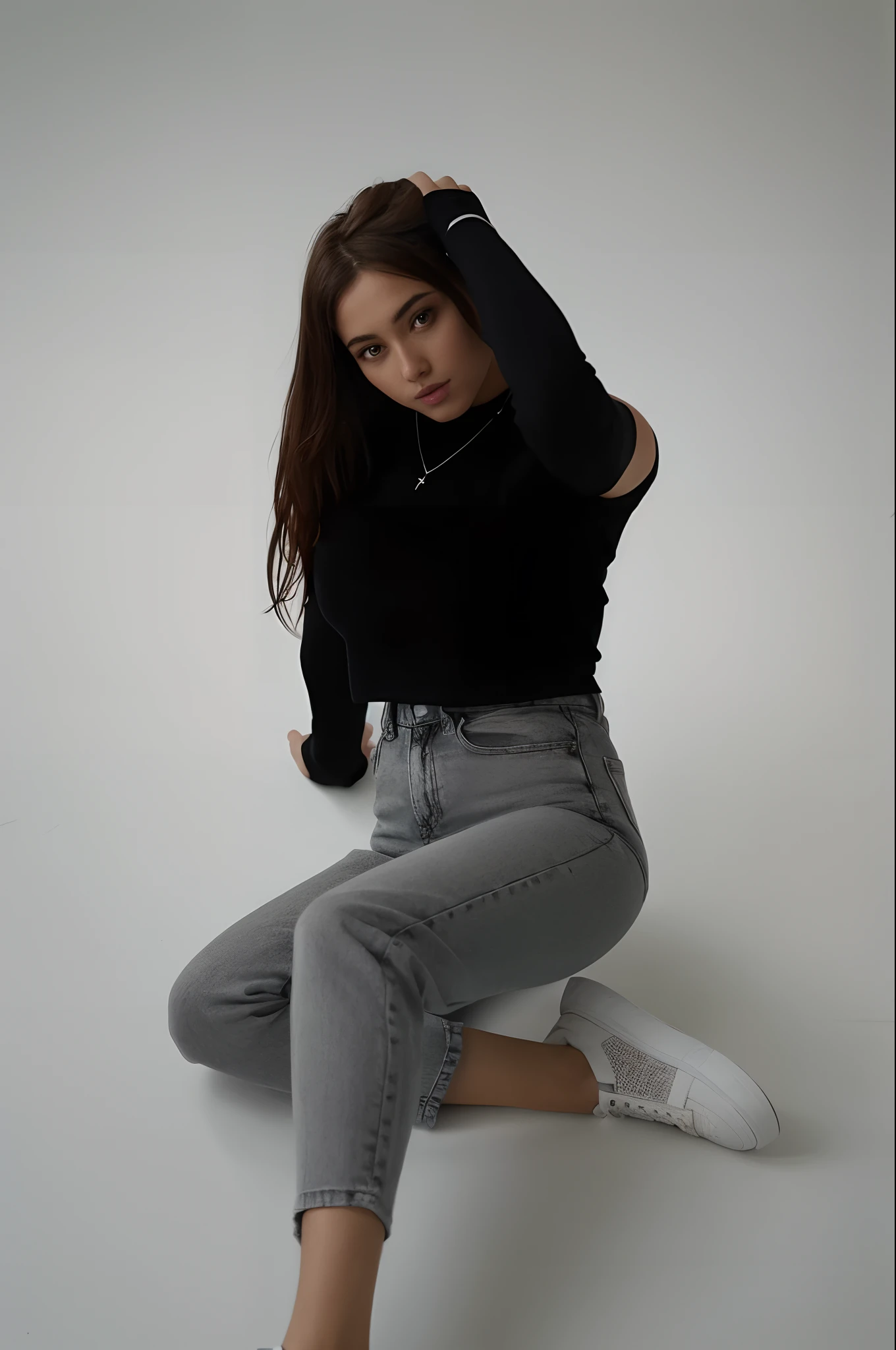 The woman, Sitting on a white surface, He wears a black shirt and jeans, Random Pose, in jeans and a black hoodie, attractive pose, 2 4 year old female model, Wearing casual clothes, relaxed pose, Wearing casual clothes, casual wear, Satisfied posture, Confident, relaxed posture, wearing elegant casual clothes, woman posing, black jeans, model posing, full length image, white sneakers, white footwear