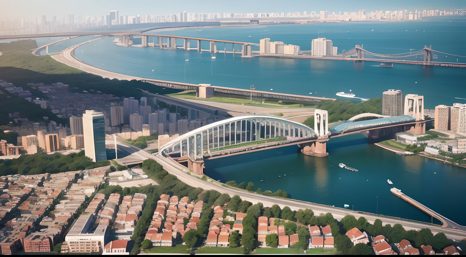 Aerial photography of the city，Lots of viaducts，Links，Sunshine during the day，photo realistic style:Photogram