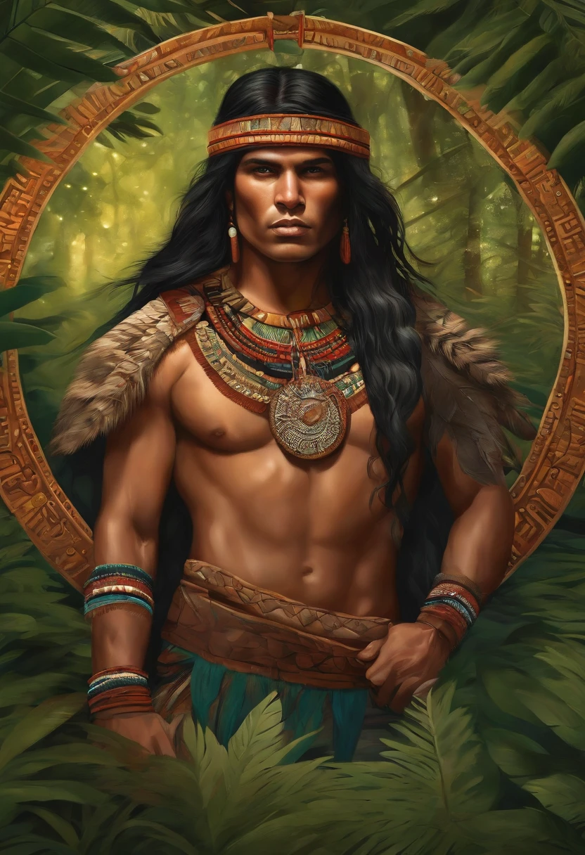 imagine an indigenous warrior (moreno) with a forest background, art for t-shirt print, drawing art, circular art