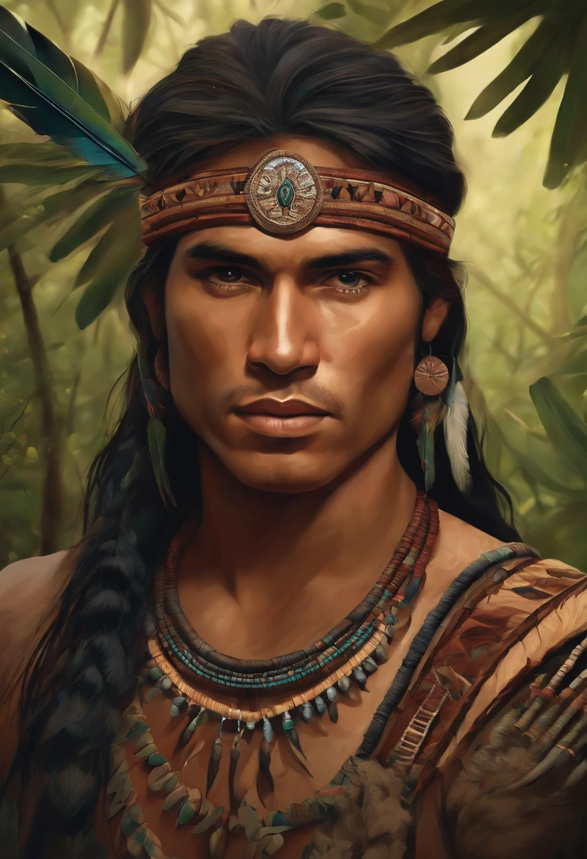 imagine an indigenous warrior (moreno) with a forest background, art for t-shirt print, drawing art, circular art