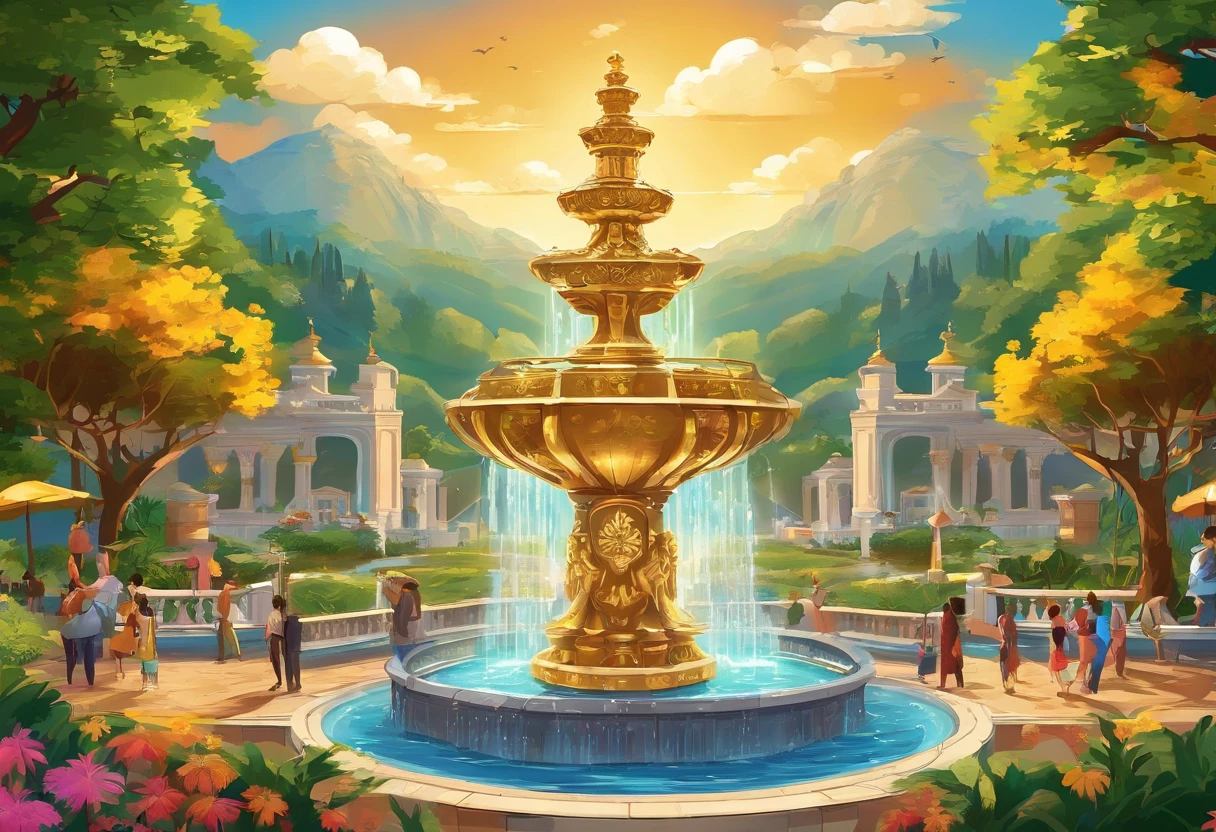 Imagine a scene of a beautiful sunny day with a clear, cloudless blue sky. You are in a lush and vibrant garden with lush trees and colorful flowers in full bloom. The air is filled with positive energy and joy.

In the center of this garden, there is a bright golden fountain with crystal-clear water gushing high into the air. As the water falls back into the fountain, it transforms into a cascade of golden coins, creating a soothing and tranquil sound. People of all ages are around, smiling and having fun, joyfully tossing coins into the fountain.

In the distance, you see majestic buildings with gleaming windows and skyscrapers that touch the sky. The city around is full of opportunities and prosperity, with thriving businesses, prosperous jobs, and constant innovation.

People are dressed in elegant and happy clothing, sharing success stories and helping each other grow. They walk arm in arm, demonstrating solidarity and empathy. In the air, you feel a sense of hope and optimism, as if the future is filled with bright possibilities.

This image represents a place of abundance, wealth, and, above all, shared happiness among people. It symbolizes the belief that, with effort and hope, everyone can achieve their dreams and enjoy a prosperous life.