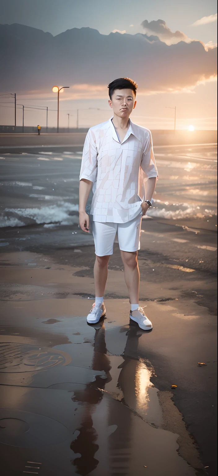 A Chinese man is standing on the street - delicate skin and super real-life portrait wearing white 👕 feet wearing AJ shooting in real photography style --auto --s2