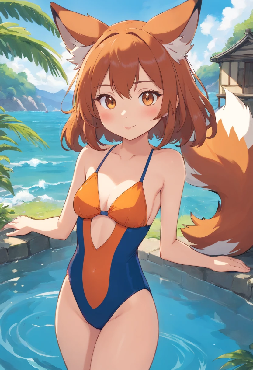 Cute anthropomorphic fox girl with Hazel eyes wearing a swimsuit