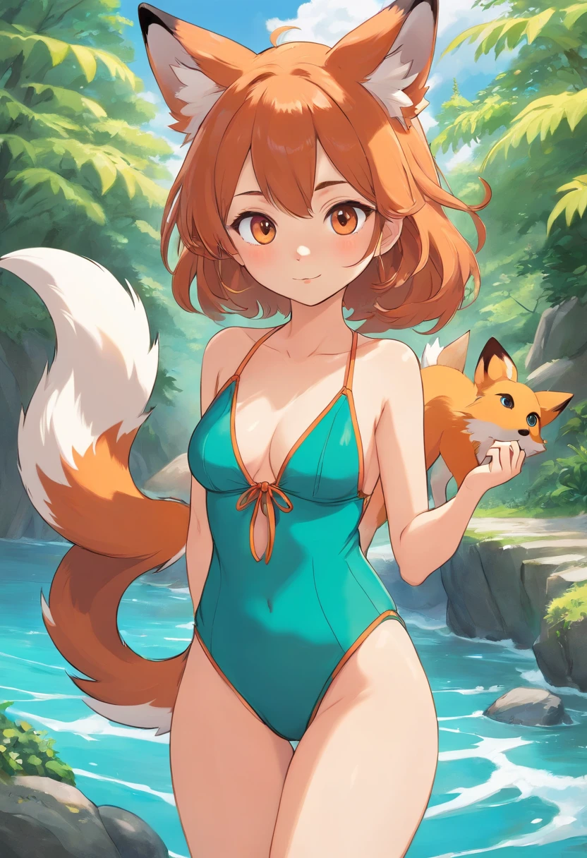 Cute anthropomorphic fox girl with Hazel eyes wearing a swimsuit
