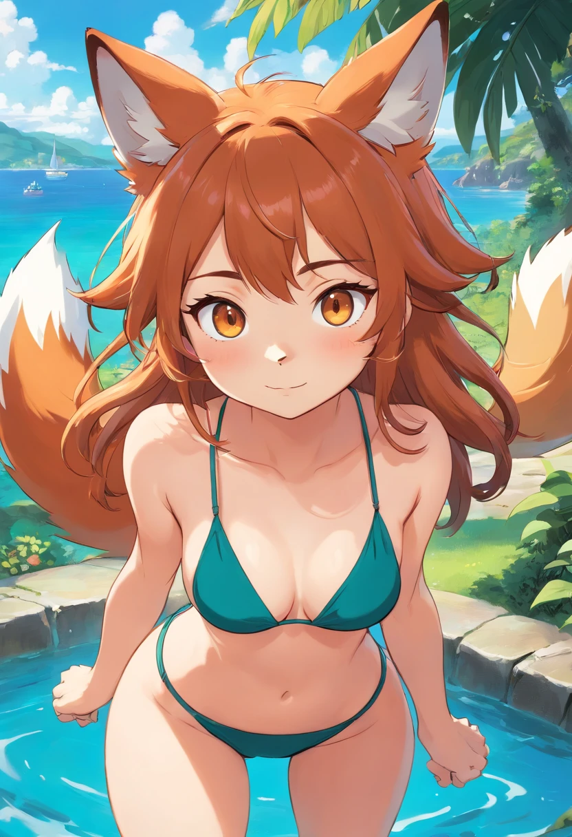 Cute anthropomorphic fox girl with Hazel eyes wearing a swimsuit
