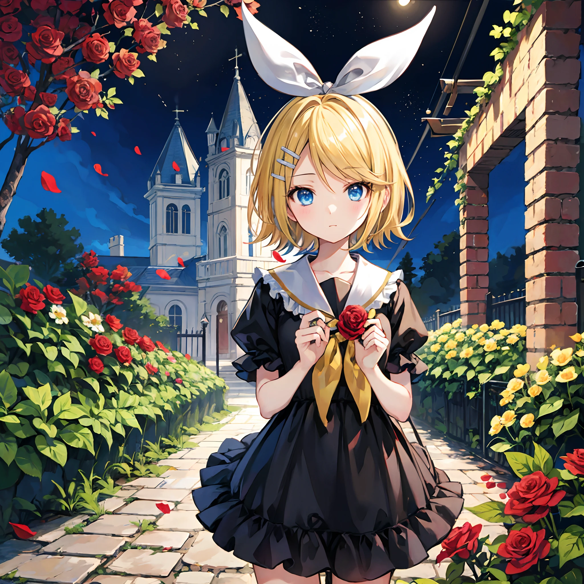 Kagamine Rin , por rubio 、Hair is pulled back、ojos rojos、Hermosa chica sola、quimono、una minifalda、Garden of bright red roses、sentado en