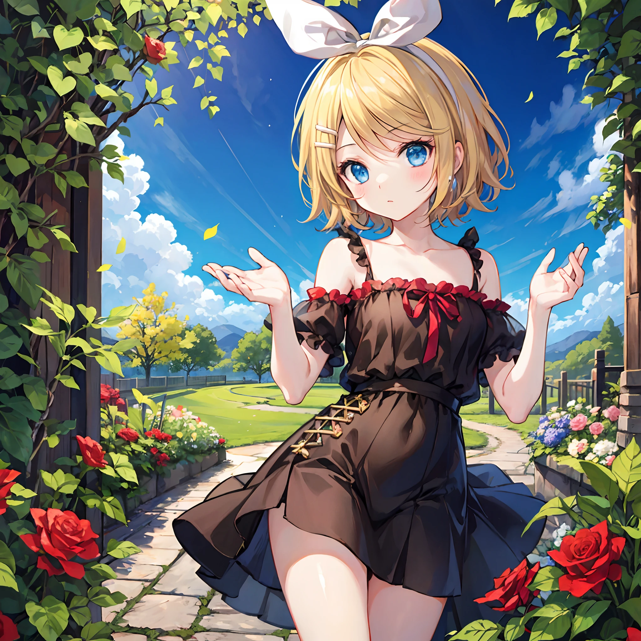 Kagamine Rin , por rubio 、Hair is pulled back、ojos rojos、Hermosa chica sola、quimono、una minifalda、Garden of bright red roses、sentado en