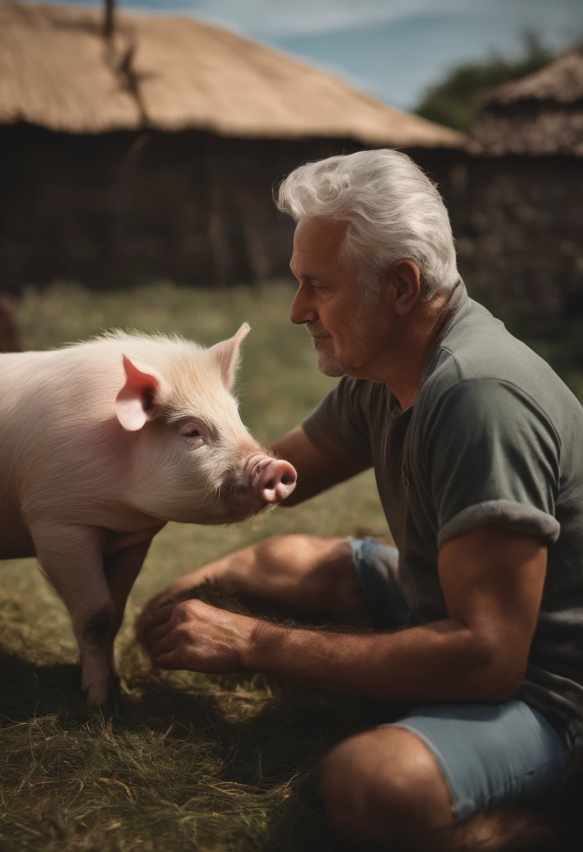 homem velho, de cabelos brancos, Down playing with a pet pig