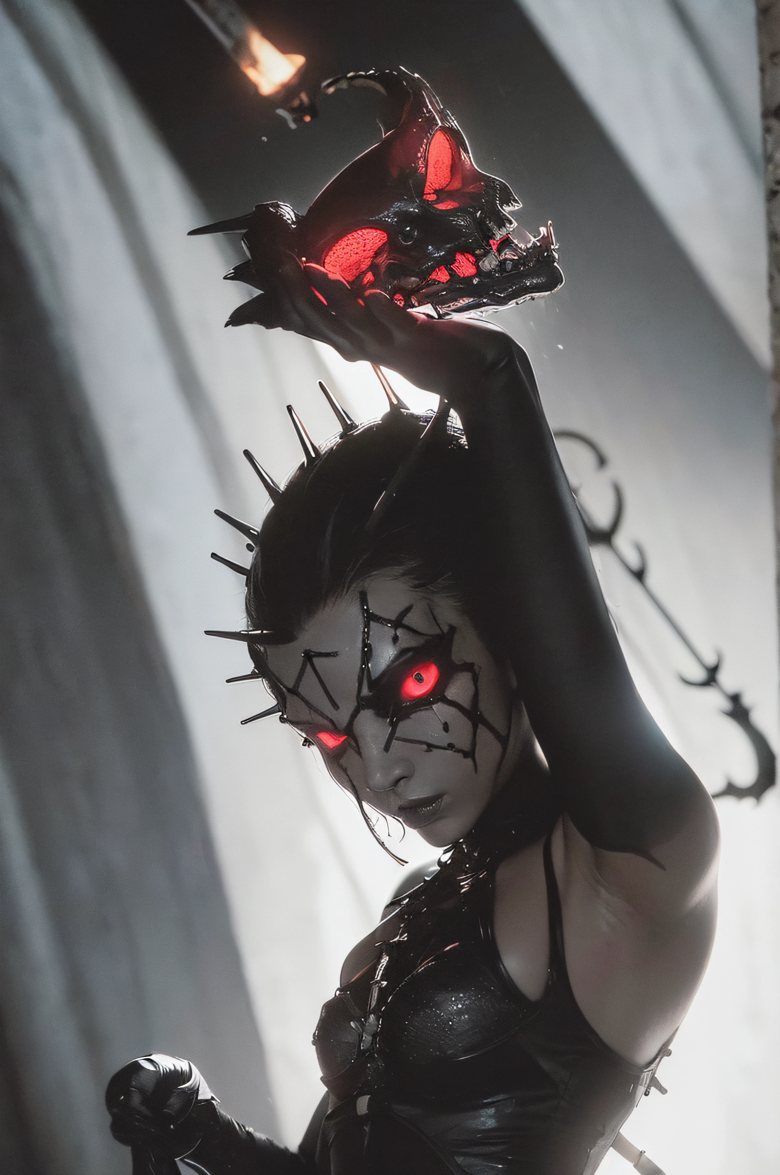 "(The best lighting, oscuro, dramatic),(feto calavera alien, Hellraiser, Cicatrices, , sexy, cerebro, sangre, una rata dentro de la cabeza, terror.),(ojos rojos, calaveras). morning light.
