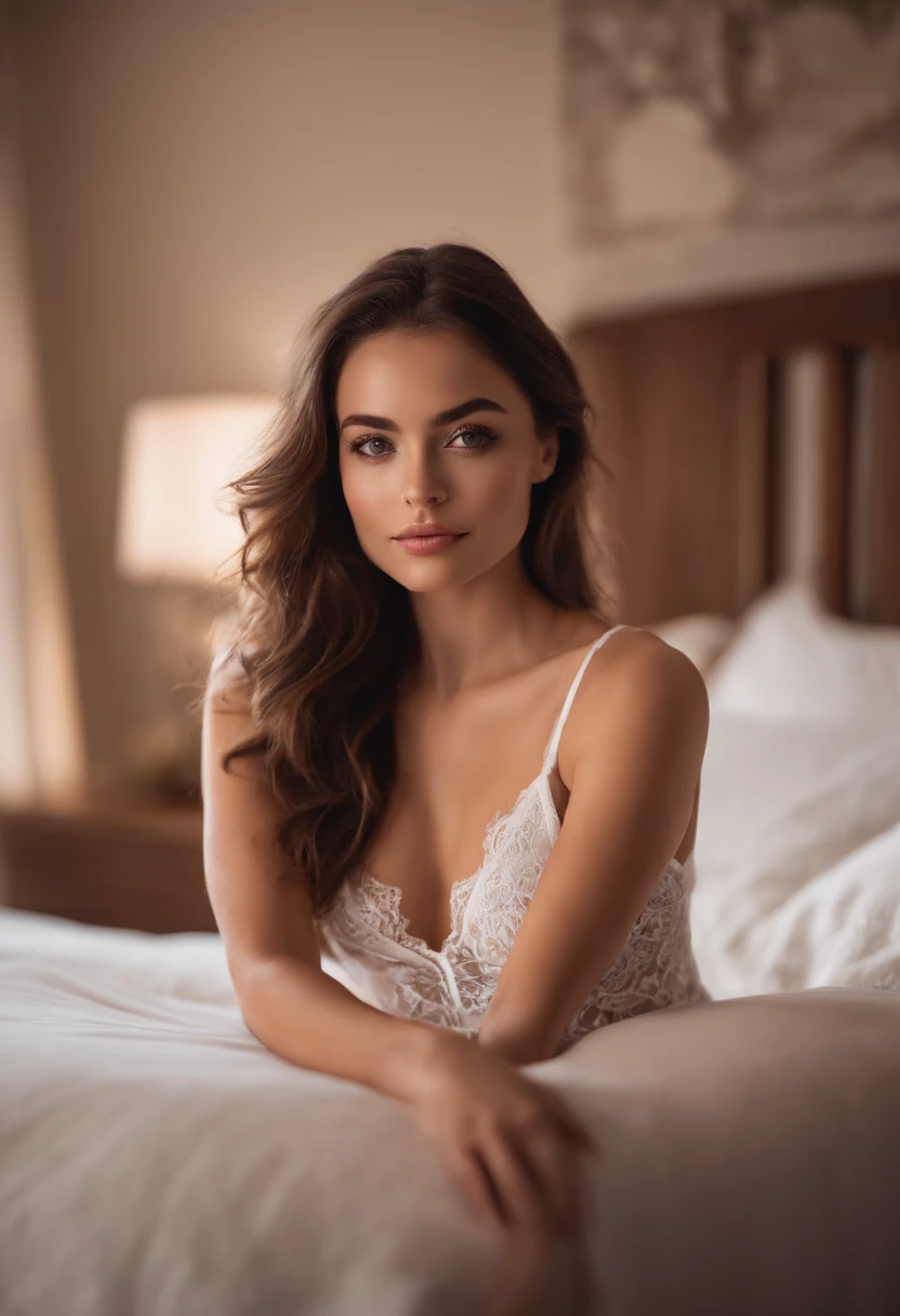 arafed woman with white lace lingerie, sexy girl with brown eyes, portrait sophie mudd, brown hair and large eyes, selfie of a young woman, bedroom eyes, violet myers, without makeup, natural makeup, looking directly at the camera, face with artgram, subtle makeup, stunning full body shot, cleavage, sitting on bed,