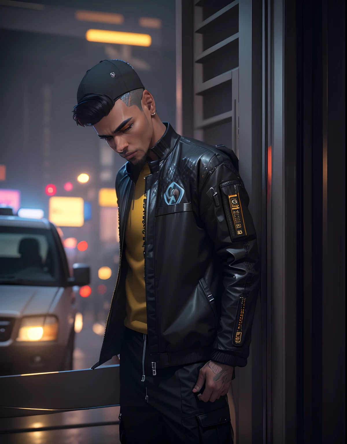 close-up of a man in a yellow jacket and black trousers, cyberpunk streetwear, Techwear appearance and clothing, cargo pants. Cyberpunk city, Subdued cyberpunk style, baggy clothes and headgear, Wearing cyberpunk street clothes, Realistically drawn clothes, Cyberpunk style, Wearing a fisherman, 3D rendering of characters, Clothes from the future, 3D character, 3D character --auto