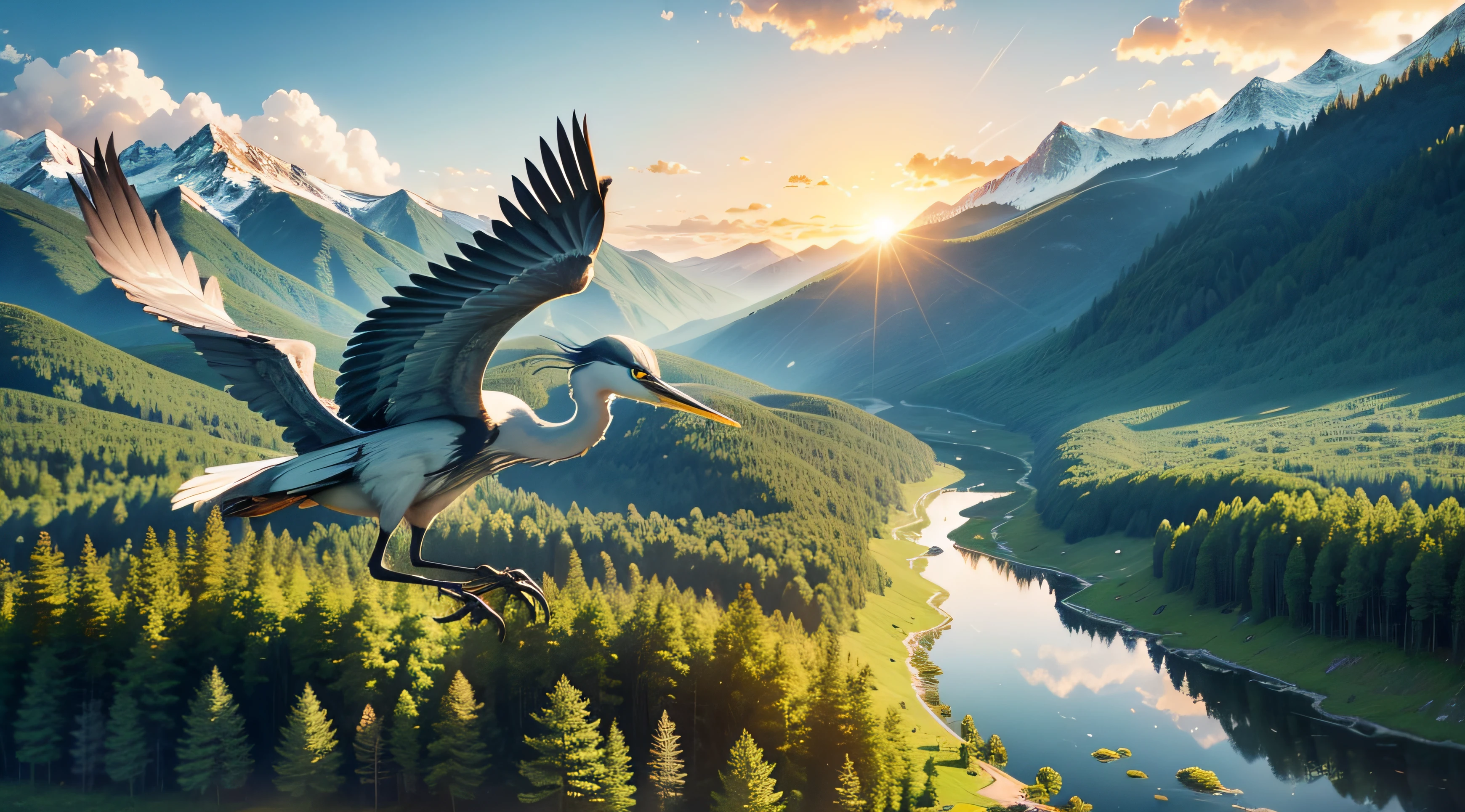 view of a Adorable heron flying on sky over forest, Close-up, full body, front the Lens, Pixar Movie Style, very cute, big eyes, bright eyes, smiling, amazing sky, light day, clouds, amazing sunset, mountains on horizon, lightgreen trees and a lake in ground