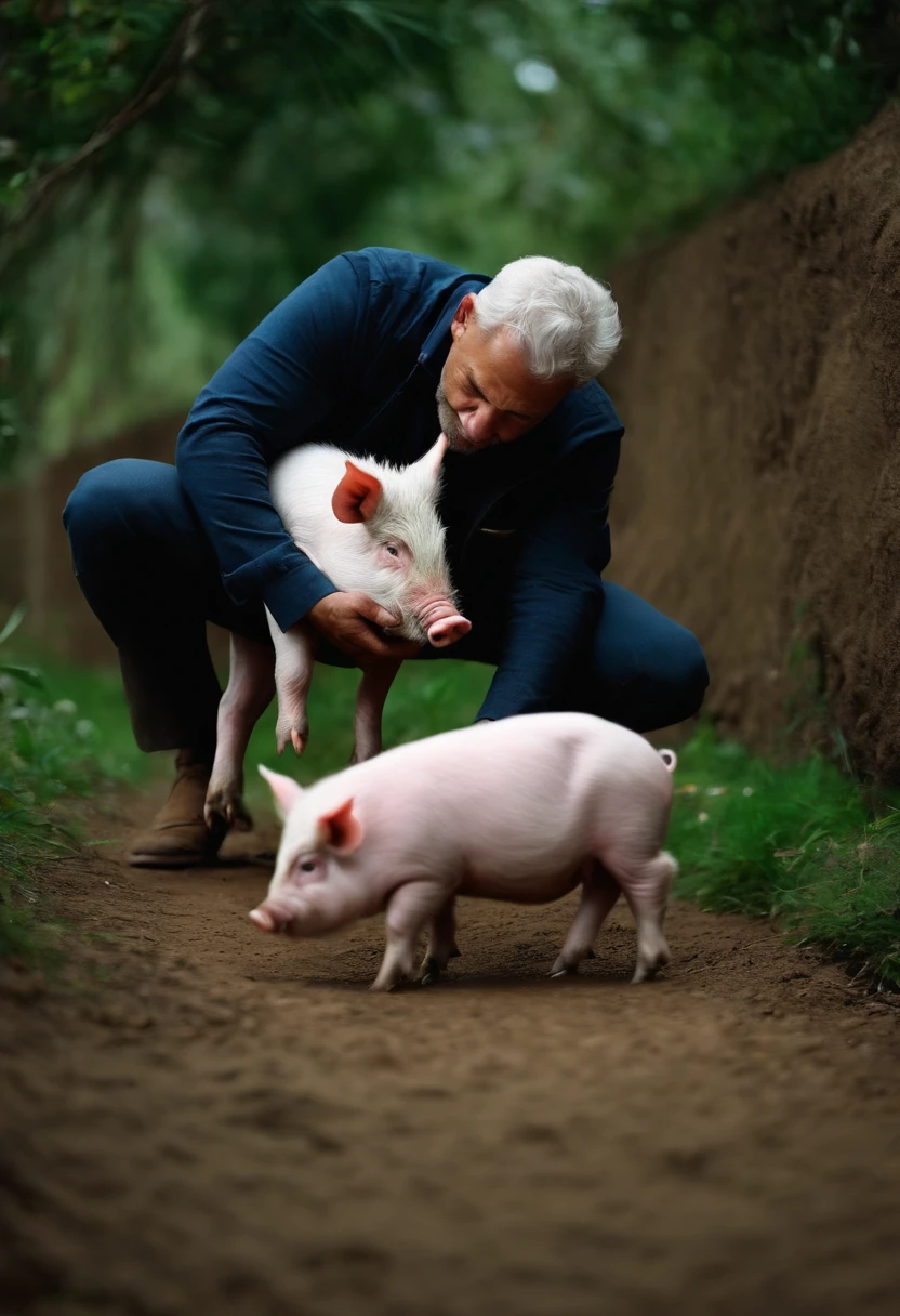 homem velho, de cabelos brancos, Down playing with a pet pig