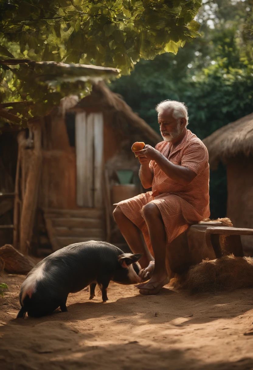 homem velho, de cabelos brancos, Down playing with a pet pig