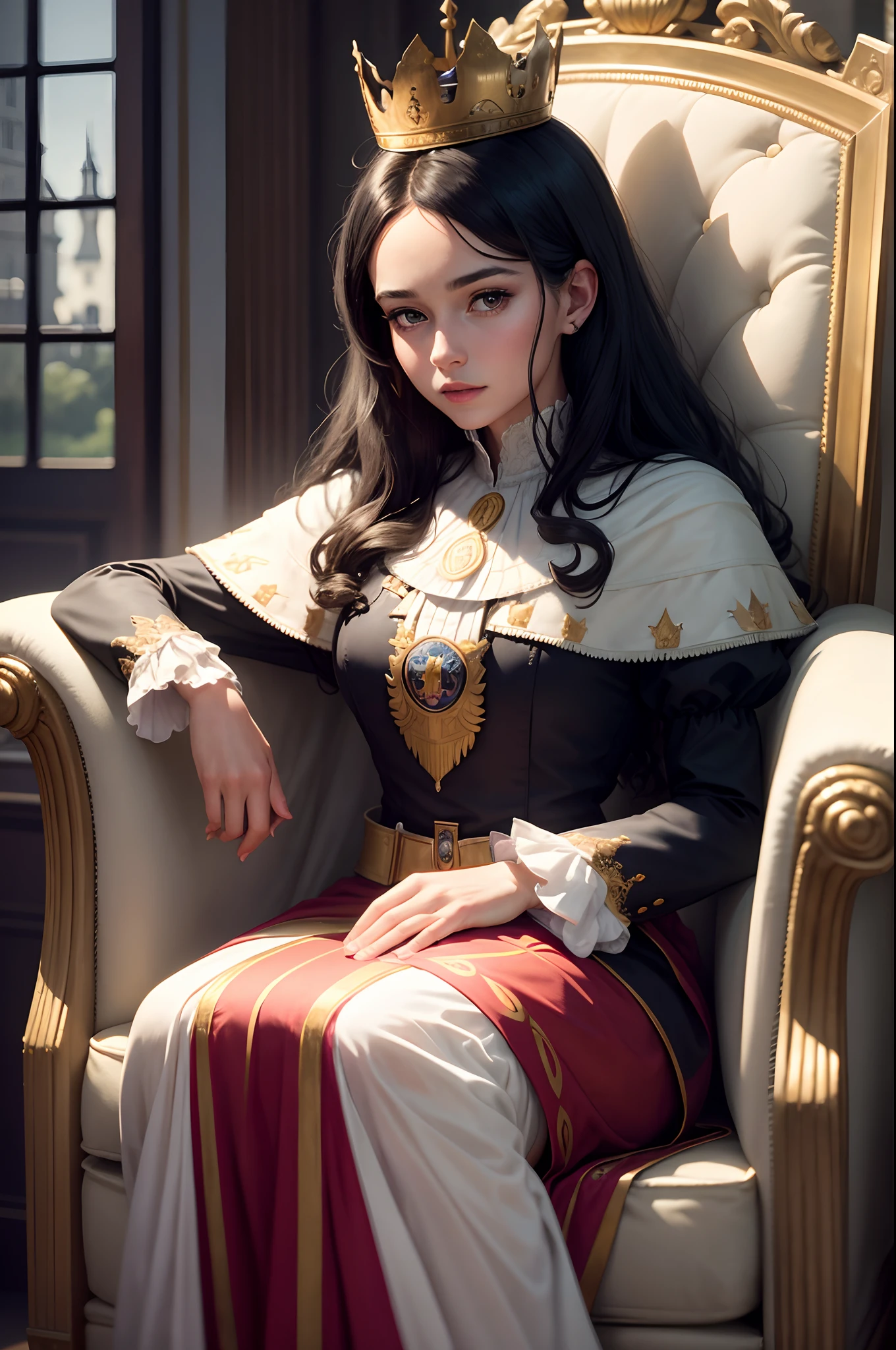 Masterpice, high quality, 8k quality, 1 lady, young Queen Elizabeth 2, Queen of United Kingdom, wearing royal uniform with her crown of Dimond sitting on royal throne, cloth cover all her body included her legs,the royal uniform cover all body , long skirt for queen, beautiful face, short black hair, the best photo for the queen of United Kingdom, the best look for Queen in her young age (30 years), Beckenham Place as background and United Kingdom flag, formal photo for the queen of United Kingdom