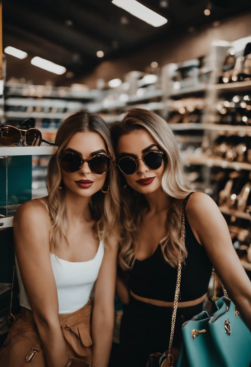 Two women with sunglasses while posing for a photo in a store, uma foto de Benjamin Marra, Tumblr, Arte Pop, with sun glasses, modelagem para dulce e gabanna, wearing shades, in sunglasses, em um shopping, foto de perfil, imagem de qualidade muito baixa, vacation photo, funny sunglasses, with sunglasses, wearing cool sunglasses