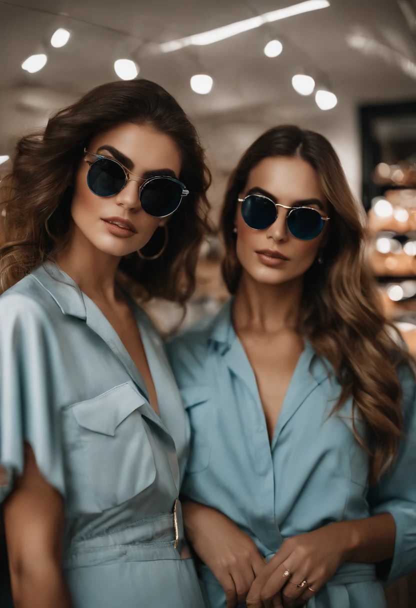 Two women with sunglasses while posing for a photo in a store, uma foto de Benjamin Marra, Tumblr, Arte Pop, with sun glasses, modelagem para dulce e gabanna, wearing shades, in sunglasses, em um shopping, foto de perfil, imagem de qualidade muito baixa, vacation photo, funny sunglasses, with sunglasses, wearing cool sunglasses