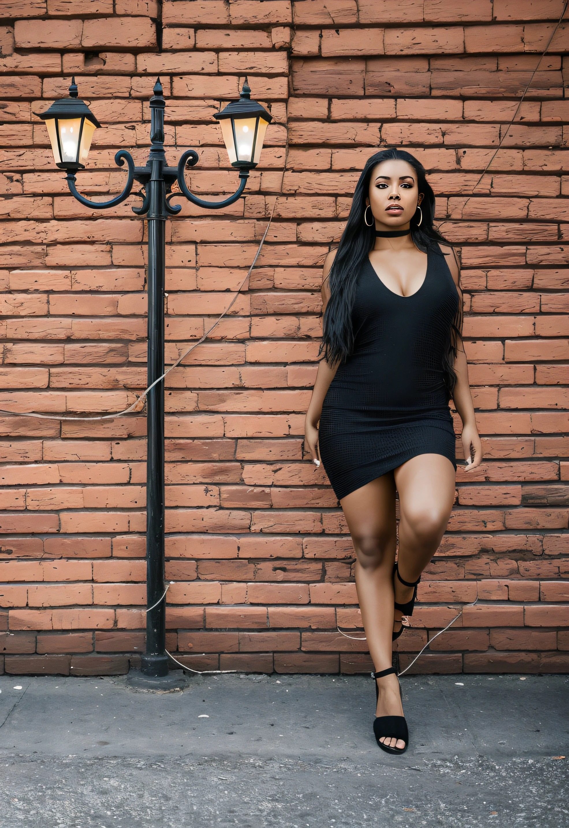 Hay una mujer con un vestido negro y un poste de luz, Mujer posando, en la calle de la ciudad, Modelo de pie, Ella lleva un vestido negro, modeling photography, foto de la calle, Hermosa ciudad solo para mujeres negras, posando en una calle urbana, Mujer negra sexy pasa junto a ellos, de pie con un fondo negro, pose de modelo de moda, Foto publicitaria, casual photography, Modelo de mujer