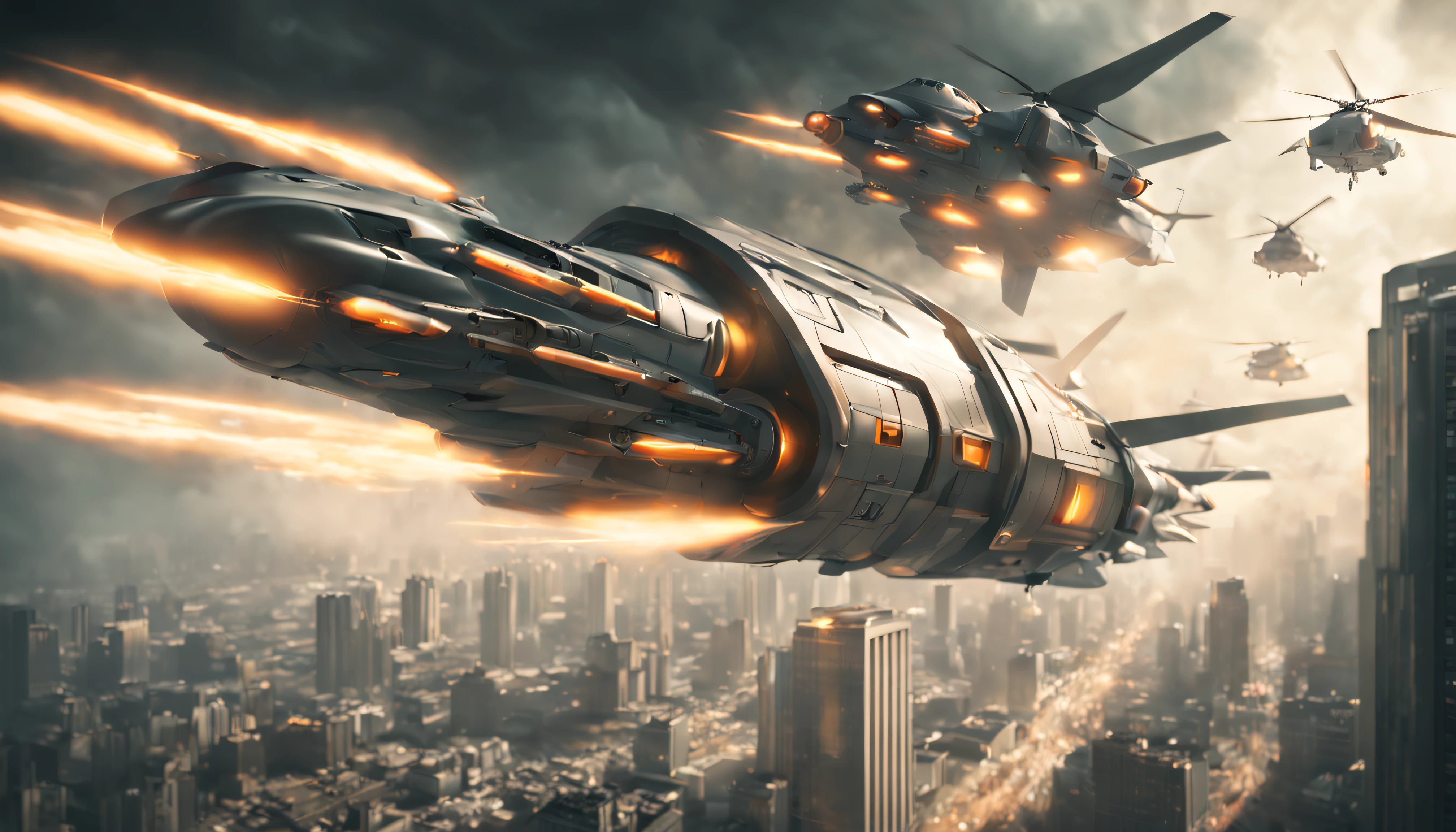 sci-fi huge long aircraft flying (huge nuclear explosion at background) in the sky of a futuristic cyberpunk city, its 18 powerful jet engines propelling the spacecraft forward with a futuristic grace, A breathtaking view from side, thunder flashing, apocalyptic, long body, smoke coming out of propeller, artstation trending, tandem rotor helicopters ((dual roto helicopters flying behind)) flying behind the aircraft, masterpiece, eerie, 32k resolution, best quality, highly detailed, hyper realistic photo, In post - production, enhance the details, sharpness, and contrast to achieve the hyper - realistic effect