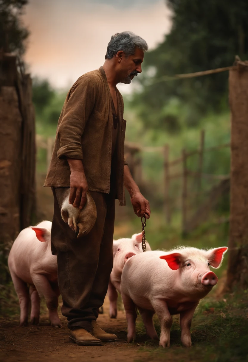 homem velho, de cabelos brancos, Standing playing with a pet pig