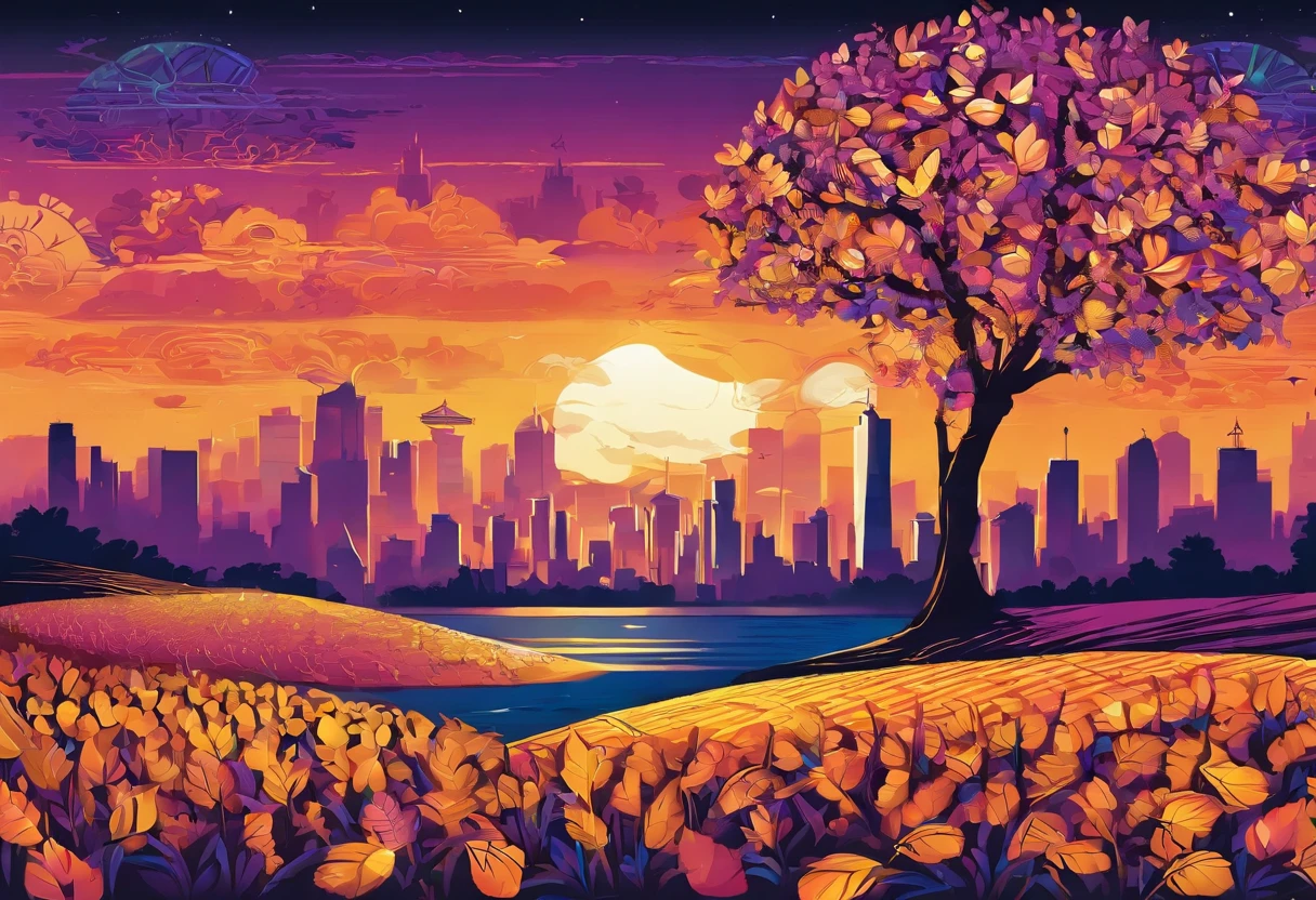 Picture a vast, sun-kissed landscape stretching as far as the eye can see. Fields of golden wheat sway gently in the breeze, symbolizing abundance and fertility. The sky above is painted with hues of warm oranges and deep purples as the sun sets, casting a soft, golden glow over everything.

In the foreground, a majestic tree stands tall, its branches heavy with luscious, ripe fruit, a symbol of prosperity and the rewards of hard work. Under the tree, there's a table covered with a rich tapestry and laden with coins, jewels, and bundles of cash. This represents wealth and financial success.

Surrounding the scene, there are people from diverse backgrounds, all with smiles on their faces, as they engage in joyful activities. Some are exchanging ideas and collaborating, signifying the power of innovation and entrepreneurship. Others are extending a helping hand, demonstrating the spirit of community and shared success.

In the distance, there's a cityscape with impressive skyscrapers, where people are engaged in thriving businesses, further emphasizing economic prosperity and opportunities. The skyline is illuminated with neon signs of various enterprises, each one representing dreams and ambitions coming to life.

This image is a powerful symbol of hope and the belief that through hard work, collaboration, and innovation, one can attain both financial success and a sense of fulfillment. It paints a picture of a world where opportunities are endless, and dreams can become reality.