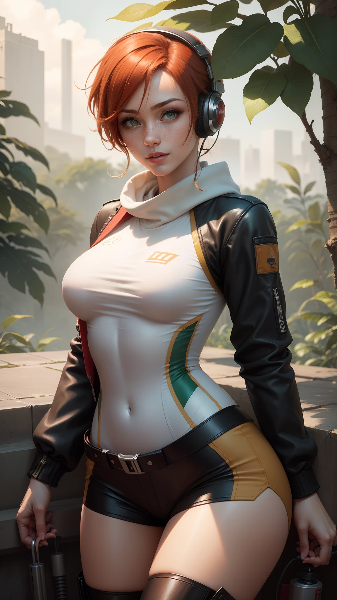 gwen tennyson,tracer,chun-li,rebecca chambers,tomb raider,overwatch,1girl, close up,mecha pilot,mayan jungle,red and white plugsuit,hair pin,pirate corset,white long sleeve lycra top,silver lycra micro shorts,short hair,cute makeup,green eyes,orange and gold hair,shy smile,freckles,redhead,beautiful girl,large breasts,ultra detailed,realistic, fantasy art,military uniform,chinese dress,pilot scarf,pilot jacket,tank,wet shirt,thigh high boots,gaming headset,