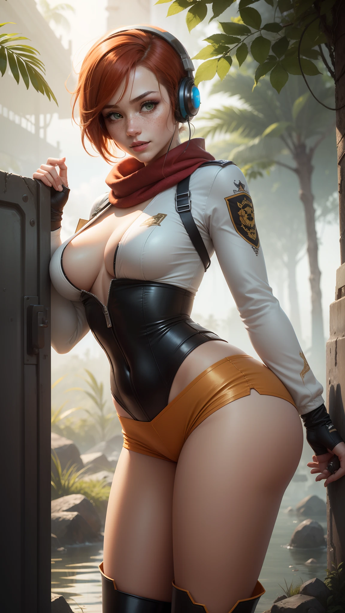gwen tennyson,tracer,chun-li,rebecca chambers,tomb raider,overwatch,1girl, close up,mecha pilot,mayan jungle,red and white plugsuit,hair pin,pirate corset,white long sleeve lycra top,silver lycra micro shorts,short hair,cute makeup,green eyes,orange and gold hair,shy smile,freckles,redhead,beautiful girl,large breasts,ultra detailed,realistic, fantasy art,military uniform,chinese dress,pilot scarf,pilot jacket,tank,wet shirt,thigh high boots,gaming headset,