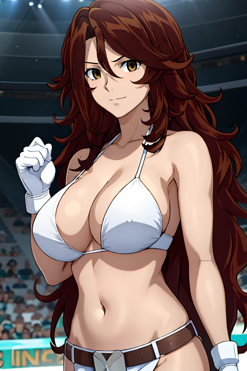 curvy belly, titration screen,, Elegant lady, (upper body only), anime style: 1.8, anime drawing, ultra detailed face, ultra detailed body, 4k, Sumergai Lee Noriega, (standing), best quality, anime style, hires, highest definition, digital blending, bold drawing lines, ((wwe diva), (location: wrestling arena, crowds watching), ( big shoulders, slim body, (wrestler body, thick arms, detailed biceps), , broad shoulders, closed fists, (very curvy: 2.8)), ((white bikini, only, white gloves, collar, hand protector, (champion belt on bare belly))), loser, defeated, sad, (pale skin, big breasts, smile), (big eyes, brown eyes), (clapping), ( brown hair, loose hair, curly hair, wavy hair, long hair, missy hair), 27 years old,