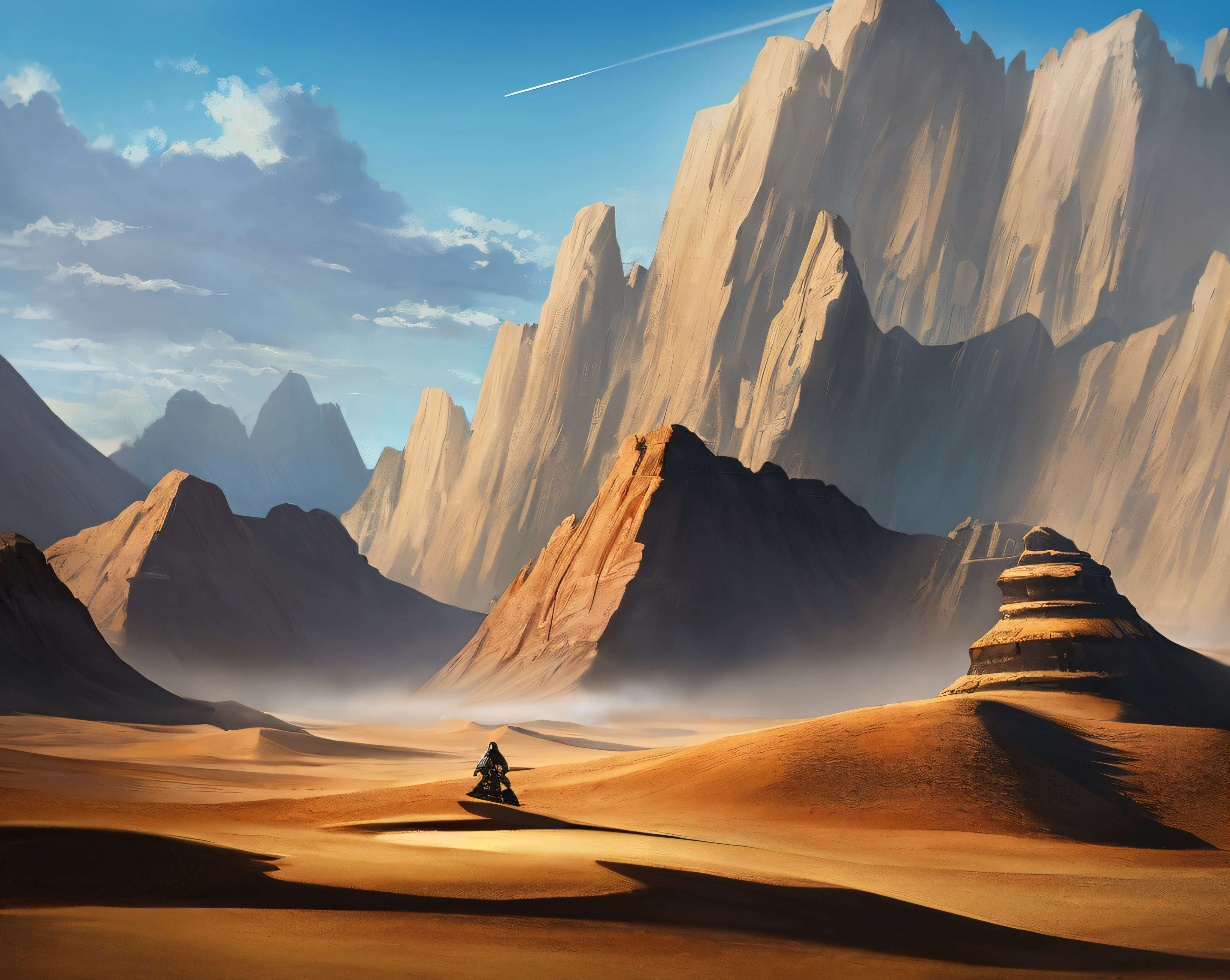 (((high quality))), highly_detailed, extremely_detailed_CG_unity_8k_wallpaper, illustration, highres, absurdities, beautiful_detailed_build, finely_detailed_architecture, high_detail_house_, bird, blue_sky, building, castle, city, phenomenon, cloud, cloudy_sky, daytime, faces_away, grass, horizon, landscape , mountain, nature, outdoor, overgrown, river, rock, ruins, landscape, sky, soil, standing, tree, water, waterfall