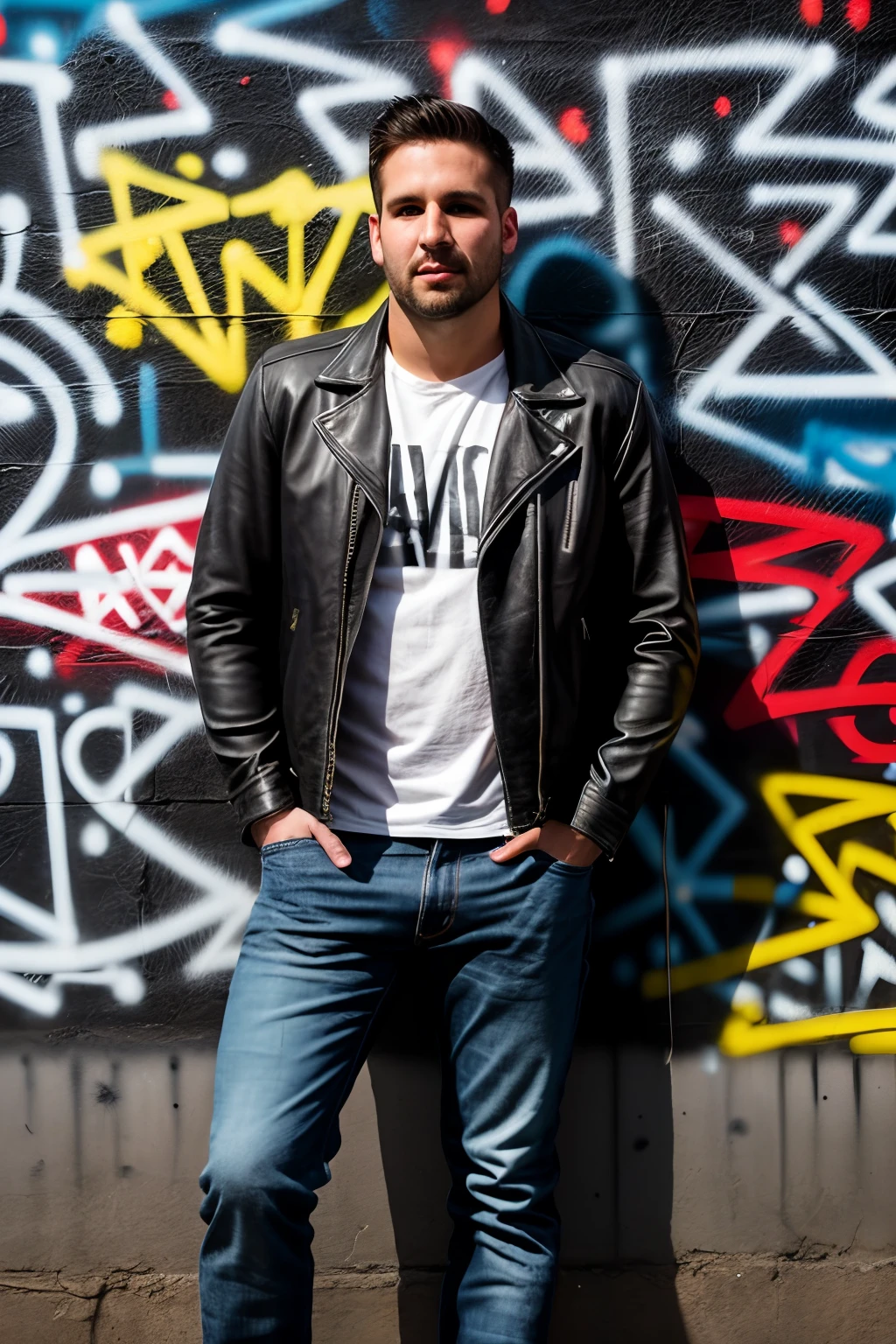 RAW photo, full-body shot of a 30-year-old man, wearing leather jacket and jeans, against a graffiti wall, edgy facial expression, lights casting vivid, hard shadows. Color image