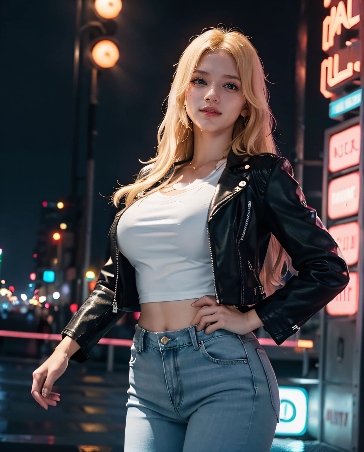 1girl, Blue eyes, (smiling), (Sana Minatozaki), wide hips, Big Boobs, big ass, (Best Quality, 8k, Masterpiece: 1.3), perfect hands, Clear Focus: 1.2, Perfect Body Beauty: 1.4 , Slender Abs: 1.2, Highly detailed face and skin texture, detailed eyes, double eyelids, (blonde long hair), (white t-shirt and black leather jacket), jeans, standing, dynamic pose, in a futuristic city illuminated by neon signs, heavy rain, deep on field