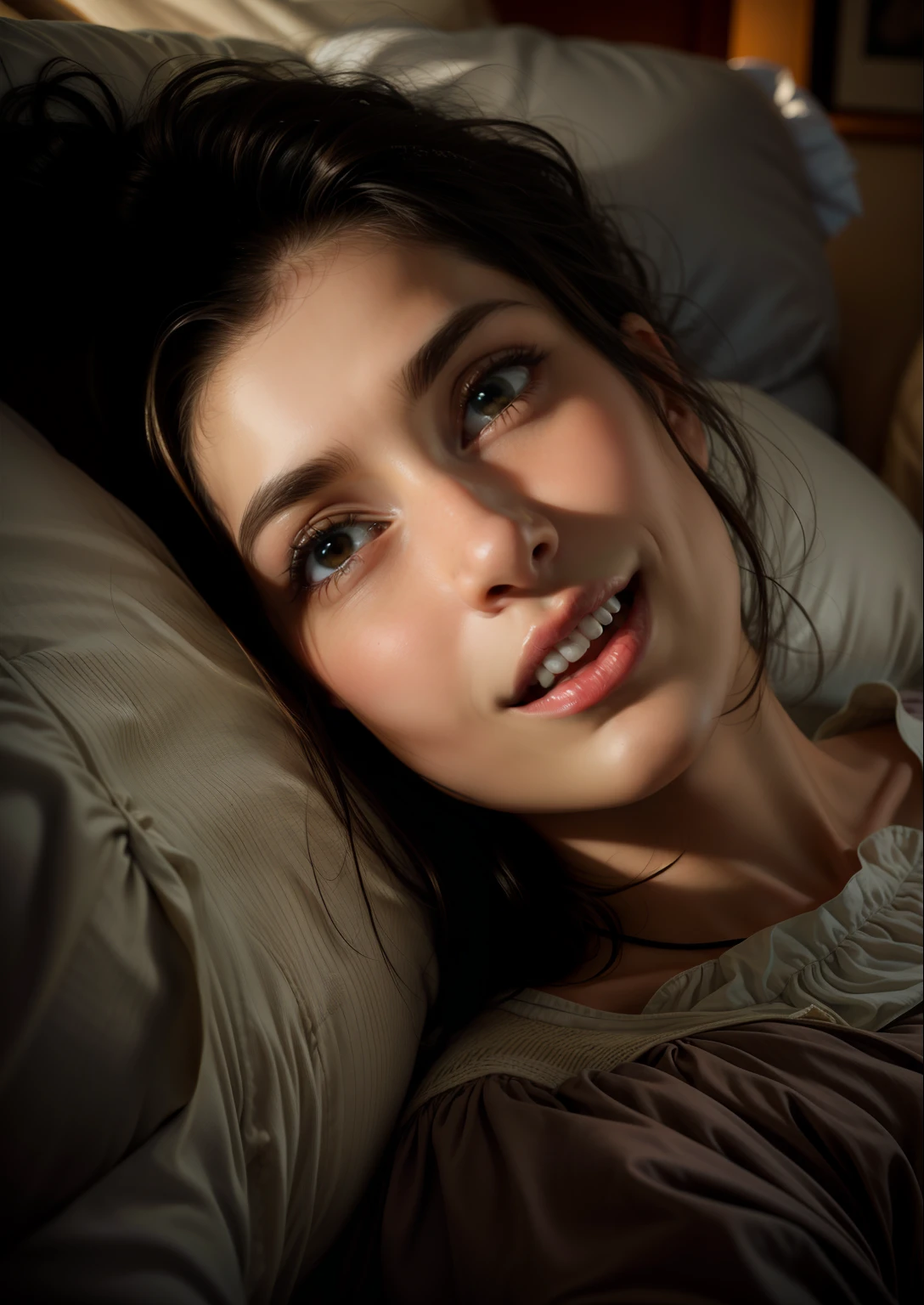 Imagem realista de uma mulher sorridente deitada na cama de olhos fechados, imagem realista de 1950, with crisp white linens and crisp sheets, Face is brightly lit, Retrato de uma mulher dormindo, she is in pure bliss, Awakening started lucid dreaming, rosto foto-realista, luz solar intensa, soft natural lighting, cara de sonho, soft morning light. hiper-realismo, pintura digital fotorrealista, luzes irradiando dos olhos, adormecido, foto retrato realista