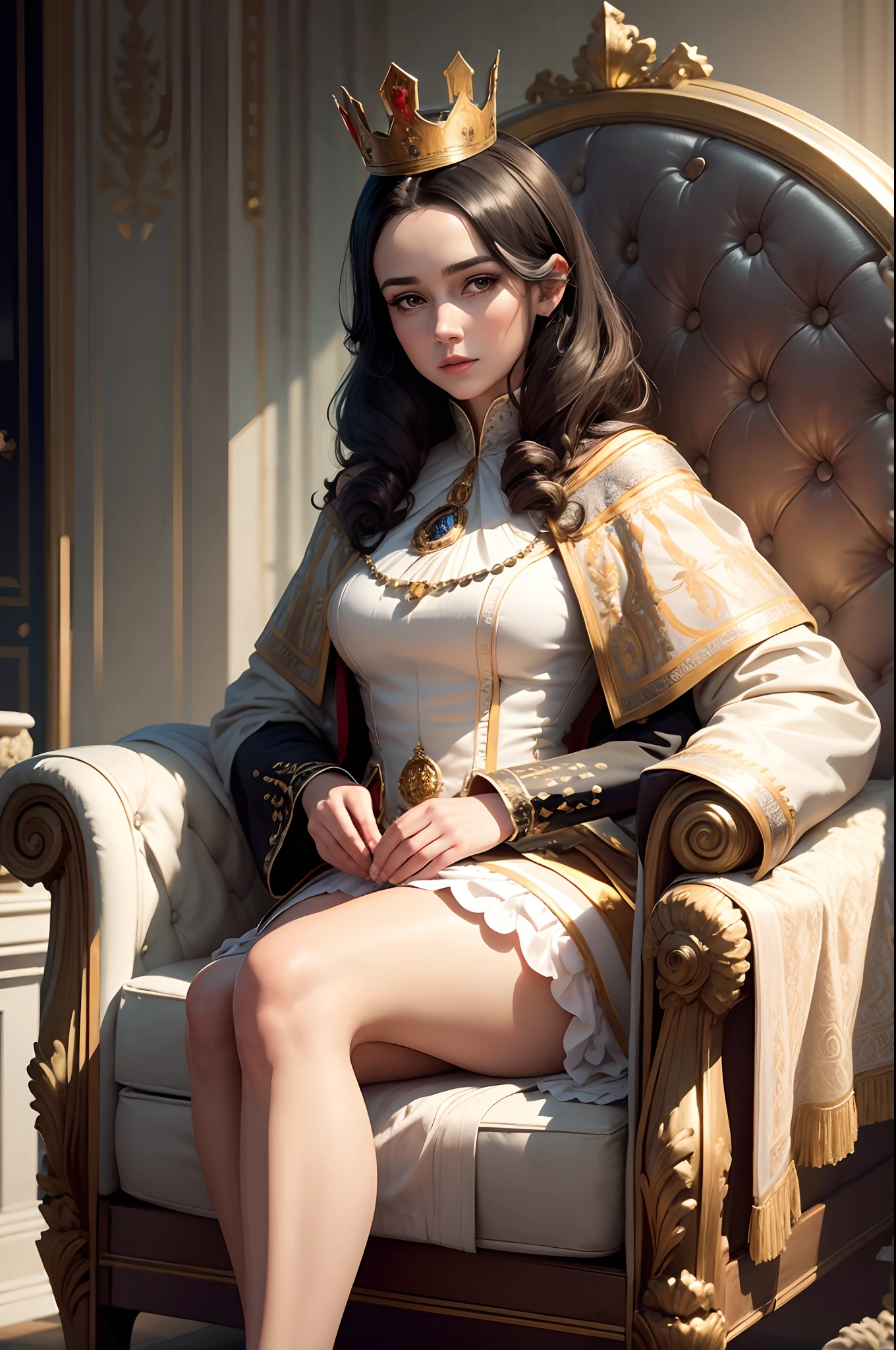 Masterpice, high quality, 8k quality, 1 lady, young Queen Elizabeth 2, Queen of United Kingdom, wearing royal uniform with her crown of Dimond sitting on royal throne, cloth cover all her body included her legs,the royal uniform cover all body including her legs, beautiful face, short black hair, the best photo for the  queen of United Kingdom, the best look for Queen in her young age (30 years), Beckenham Place as background and United Kingdom flag