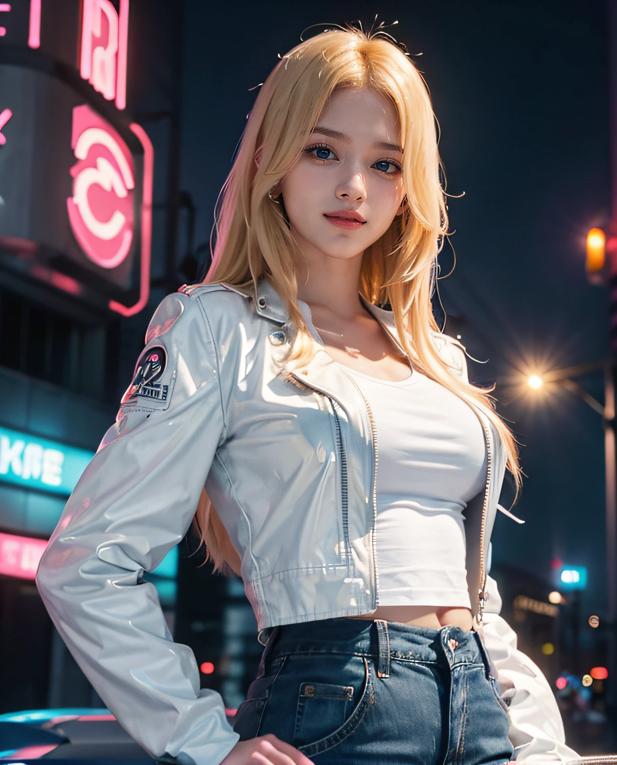 1girl, Blue eyes, (smiling), (Sana Minatozaki), wide hips, Big Boobs, big ass, (Best Quality, 8k, Masterpiece: 1.3), perfect hands, Clear Focus: 1.2, Perfect Body Beauty: 1.4 , Slender Abs: 1.2, Highly detailed face and skin texture, detailed eyes, double eyelids, (blonde long hair), (white t-shirt and white leather jacket), jeans, standing, dynamic pose, in a futuristic city illuminated by neon signs, heavy rain, deep on field