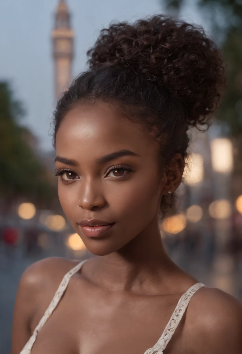 ((Dark African skin, Very deep ebony skin)), ((Its beauty is undeniable)), ((Excited cute face)), ((Hyper detailed perfect eyes,)), ((Pose mignonne)), ((Langue sortie)), ((Seductive )), sexy, (( Tight mesh shirt, shorts courts sexy)), ((African long curly hair afro ponytail,)), (( peau)), ((debout, Vue de face)), ((toucher ses propres jambes dans une pose sexy)), ((dehors, Ville publique)), Sharp Focus CGI, photoreallistic, High detail, Realstic, Masterpiece, absurdes, Best quality, Hdr, High quality, high-definition, Extremely detailed, 8k wallpaper, Intricate details, 8K UHD, Full-HD, (photo realist:1.2), contraste, intense illumination, lighting cinematic, natural lighting, hard light, contre-jour, Illumination globale, occlusion ambiante