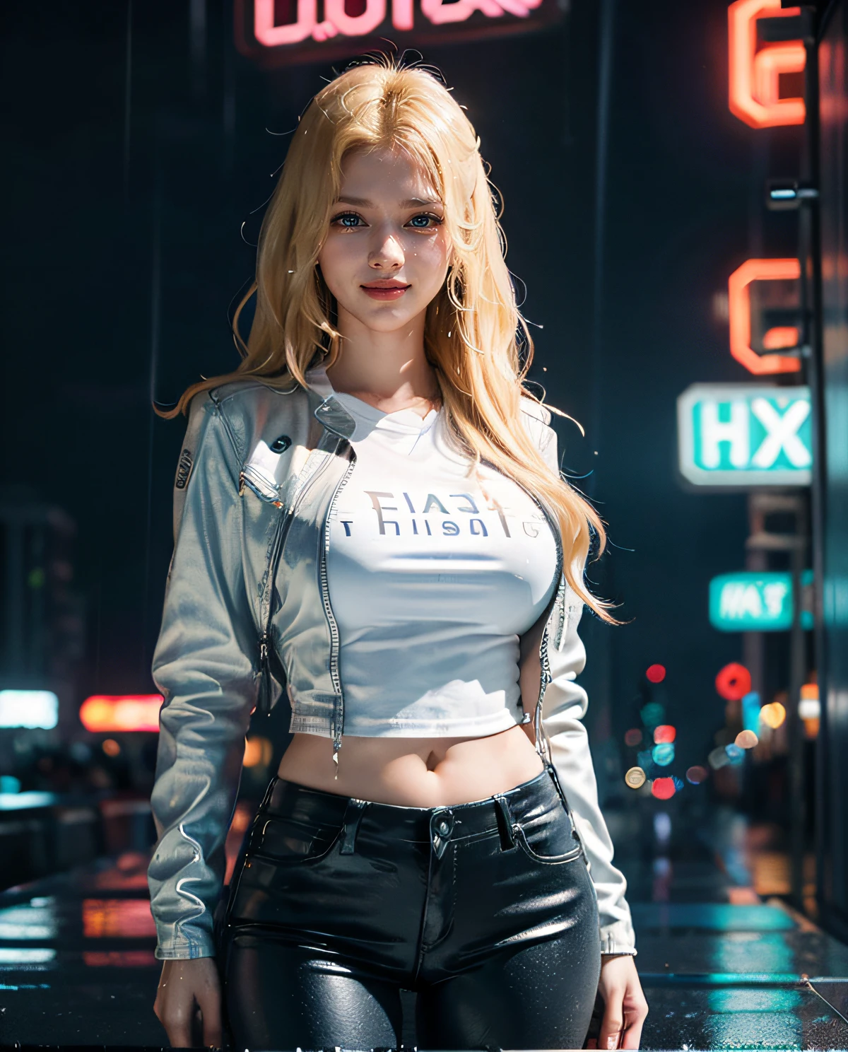 1girl, Blue eyes, (smiling), (Sana Minatozaki), wide hips, Big Boobs, big ass, (Best Quality, 8k, Masterpiece: 1.3), perfect hands, Clear Focus: 1.2, Perfect Body Beauty: 1.4 , Slender Abs: 1.2, Highly detailed face and skin texture, detailed eyes, double eyelids, (blonde long hair), (white t-shirt and leather jacket), jeans, standing, dynamic pose, in a futuristic city illuminated by neon signs, (heavy rain :1.3), deep on field