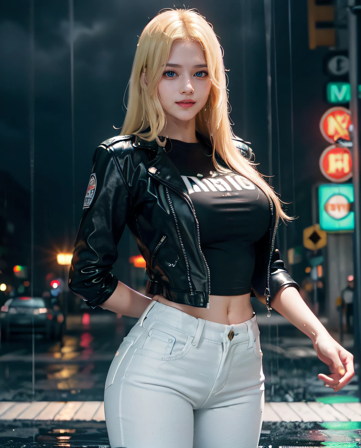 1girl, Blue eyes, (smiling), (Sana Minatozaki), wide hips, Big Boobs, big ass, (Best Quality, 8k, Masterpiece: 1.3), perfect hands, Clear Focus: 1.2, Perfect Body Beauty: 1.4 , Slender Abs: 1.2, Highly detailed face and skin texture, detailed eyes, double eyelids, (blonde long hair), (black t-shirt and leather jacket), (white jeans), standing, dynamic pose, on the streets of a futuristic city illuminated by neon signs, (heavy rain :1.3), deep on field
