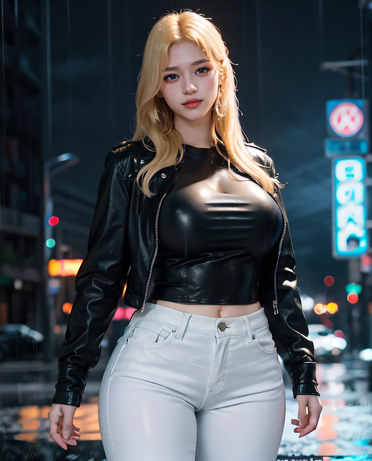 1girl, Blue eyes, (smiling), (Sana Minatozaki), wide hips, Big Boobs, big ass, (Best Quality, 8k, Masterpiece: 1.3), perfect hands, Clear Focus: 1.2, Perfect Body Beauty: 1.4 , Slender Abs: 1.2, Highly detailed face and skin texture, detailed eyes, double eyelids, (blonde long hair), (black t-shirt and leather jacket), (white jeans), standing, dynamic pose, on the streets of a futuristic city illuminated by neon signs, (heavy rain :1.3), deep on field