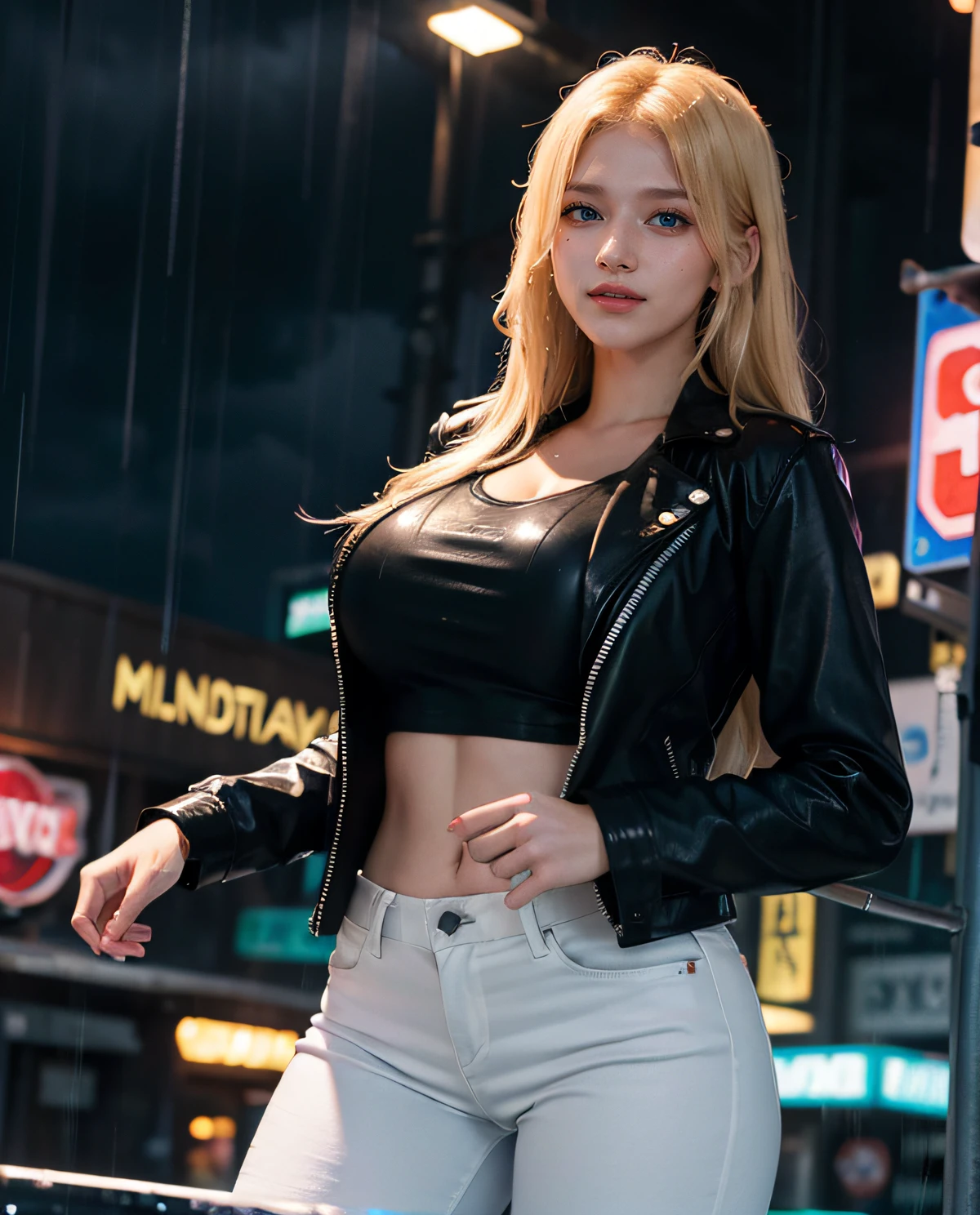 1girl, Blue eyes, (smiling), (Sana Minatozaki), wide hips, Big Boobs, big ass, (Best Quality, 8k, Masterpiece: 1.3), perfect hands, Clear Focus: 1.2, Perfect Body Beauty: 1.4 , Slender Abs: 1.2, Highly detailed face and skin texture, detailed eyes, double eyelids, (blonde long hair), (black t-shirt and leather jacket), (white jeans), standing, dynamic pose, on the streets of a futuristic city illuminated by neon signs, (heavy rain :1.3), deep on field