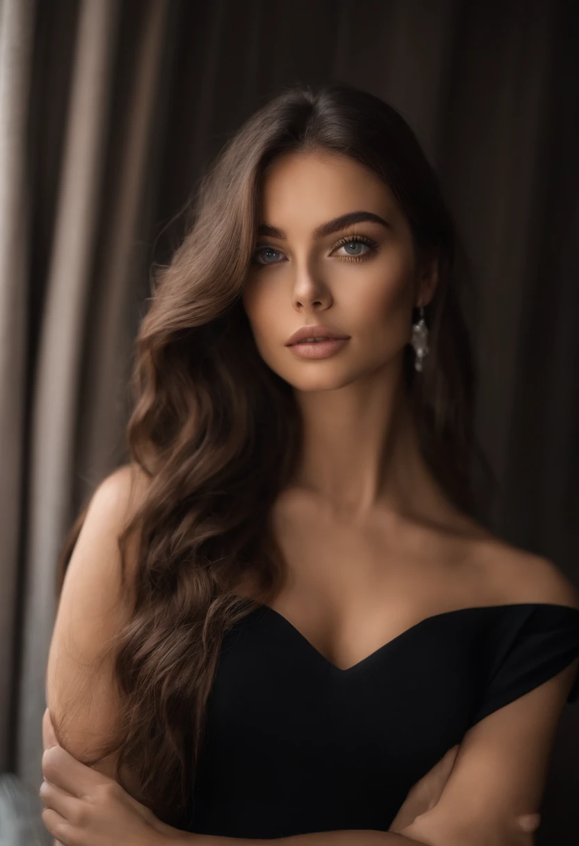 Arafed woman with black clothes, fille sexy aux yeux bruns, Portrait Sophie Mudd, cheveux bruns et grands yeux, selfie of a young woman, Yeux de chambre, Violet Myers, sans maquillage, maquillage naturel, looking straight at camera, Visage avec Artgram, Maquillage subtil, Superbe photo du corps entier, dans la chambre, clivage