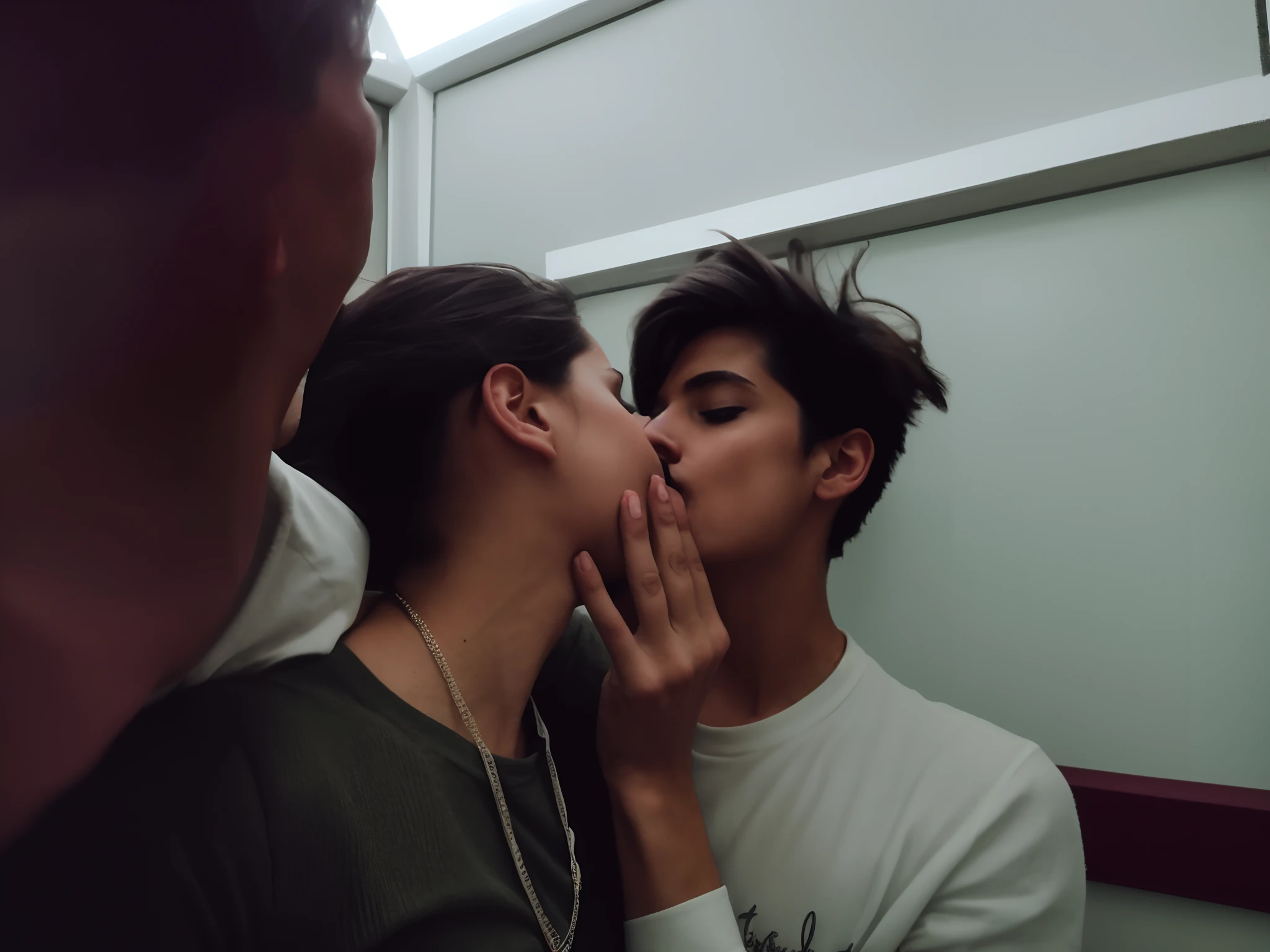 there is a man and woman kissing in a mirror, kissing together cutely, kiss mouth to mouth, kissing, kissing together, couple kissing, kissing each other, lovely kiss, making out, in love selfie, couple pose, very accurate photo, homoerotic!!,