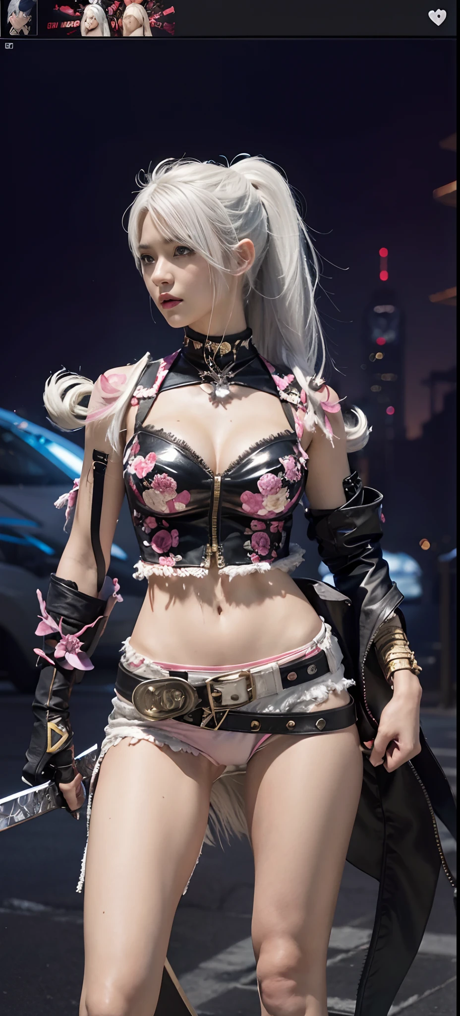 a close up of a person in a costume with a sword, as a character in tekken, female character, tifa lockhart with white hair, katana zero video game character, lunar themed attire, kda, slim body, cyborg - girl with silver hair, upper body avatar, (( medium breast;1.2)), fashion gameplay screenshot, fighting game character, new character, floralpunk elysian maiden, sigma female