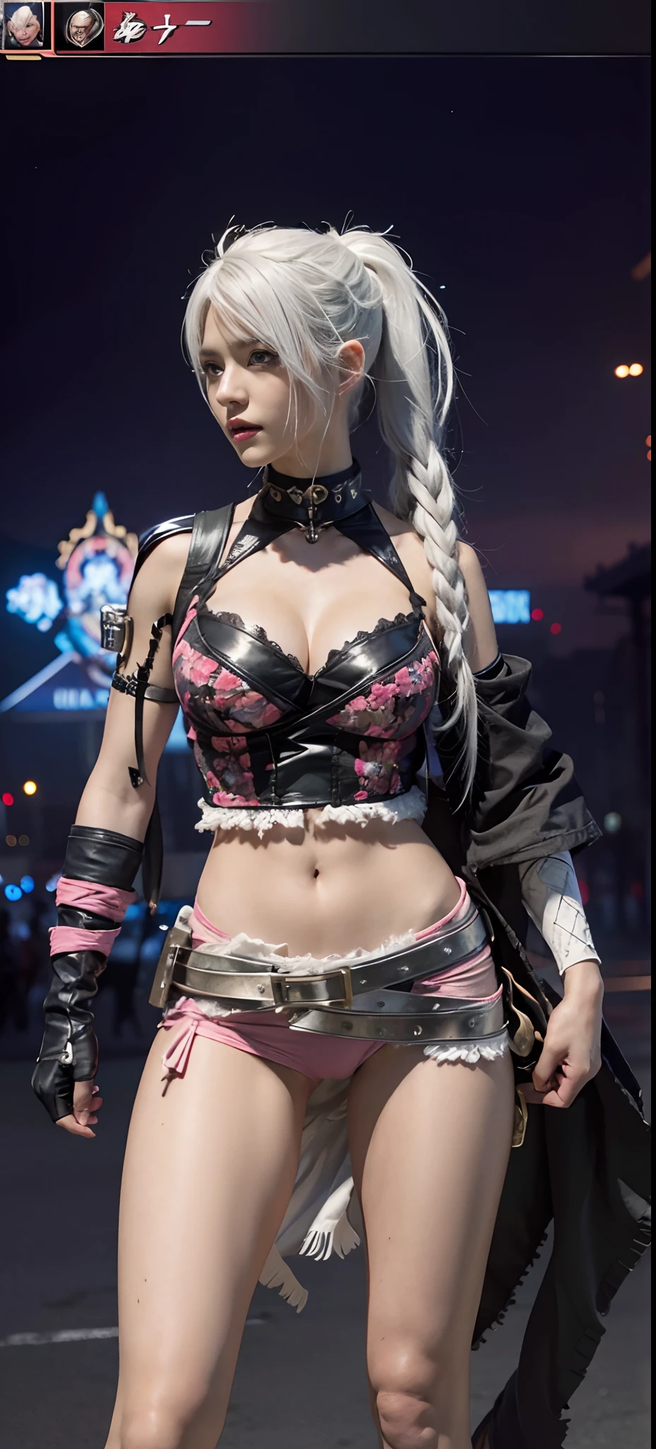 a close up of a person in a costume with a sword, as a character in tekken, female character, tifa lockhart with white hair, katana zero video game character, lunar themed attire, kda, slim body, cyborg - girl with silver hair, upper body avatar, (( medium breast;1.2)), fashion gameplay screenshot, fighting game character, new character, floralpunk elysian maiden, sigma female