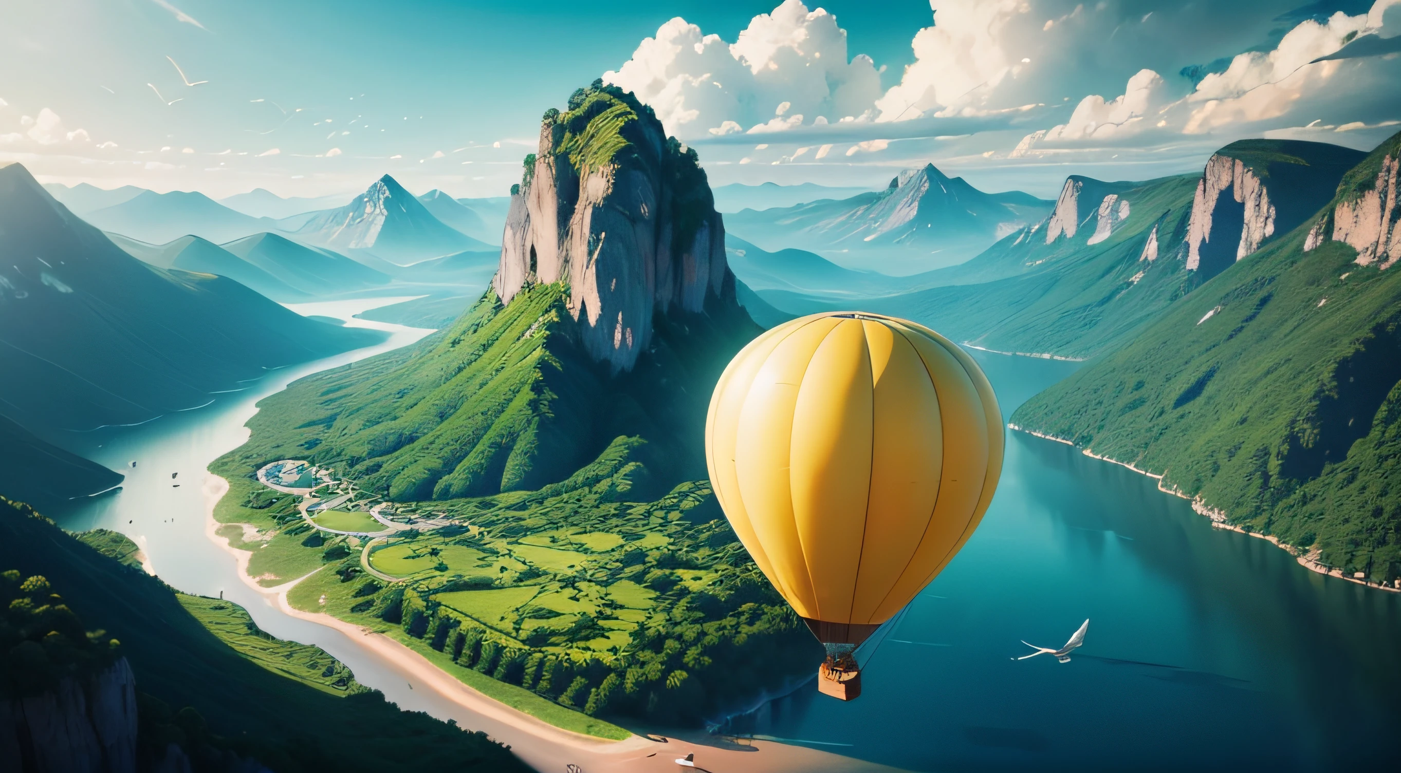view of birds flying next a Air yellow balloon, Pixar Movie Style, best quality, Cinematic Movie Still, very cute, amazing day, lightgreen  forest, lake on ground, mountains on horizon
