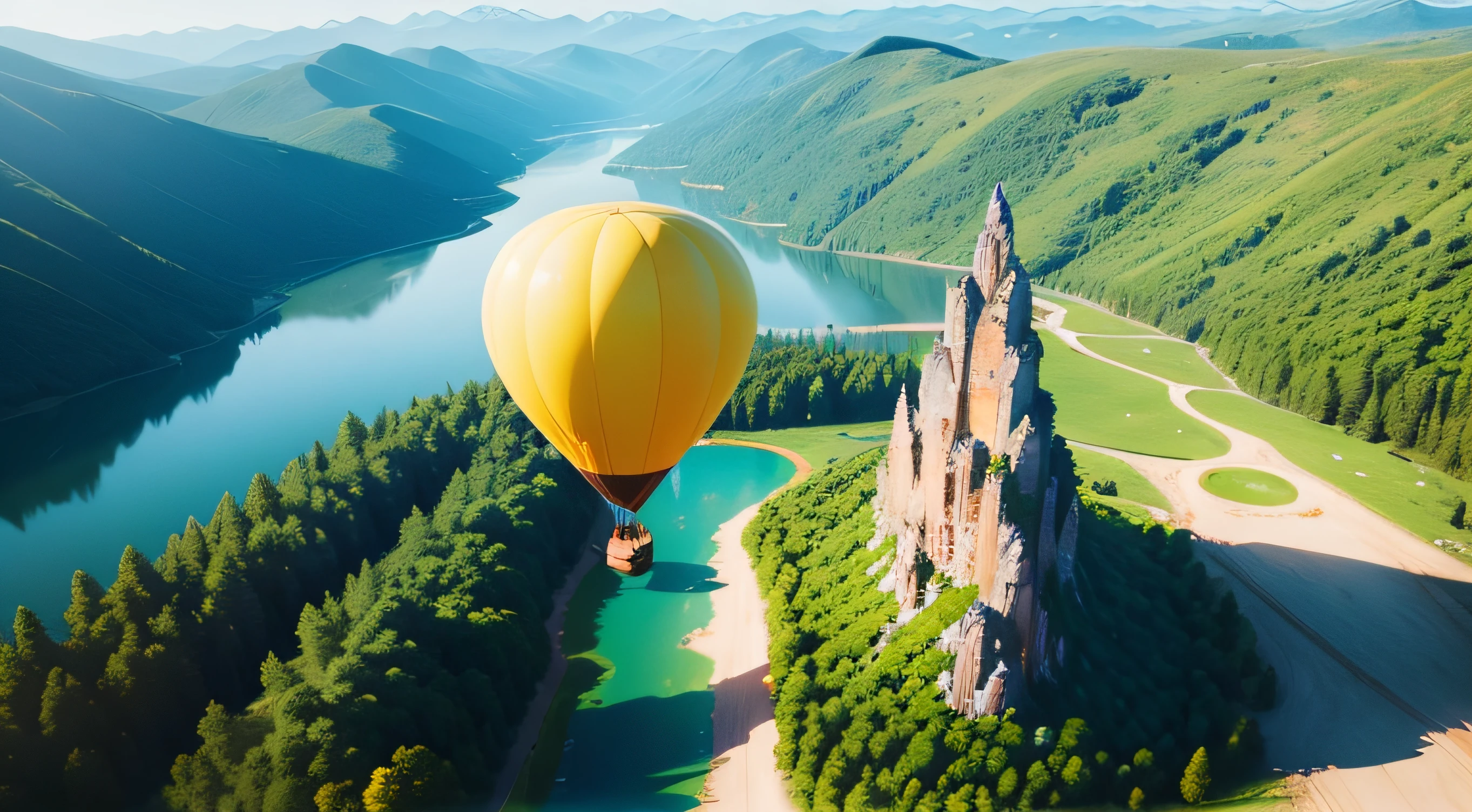 drone view of cute birds flying, Air yellow balloon, Pixar Movie Style, best quality, Cinematic Movie Still, very cute, amazing day, lightgreen forest, lake on ground, mountains on horizon