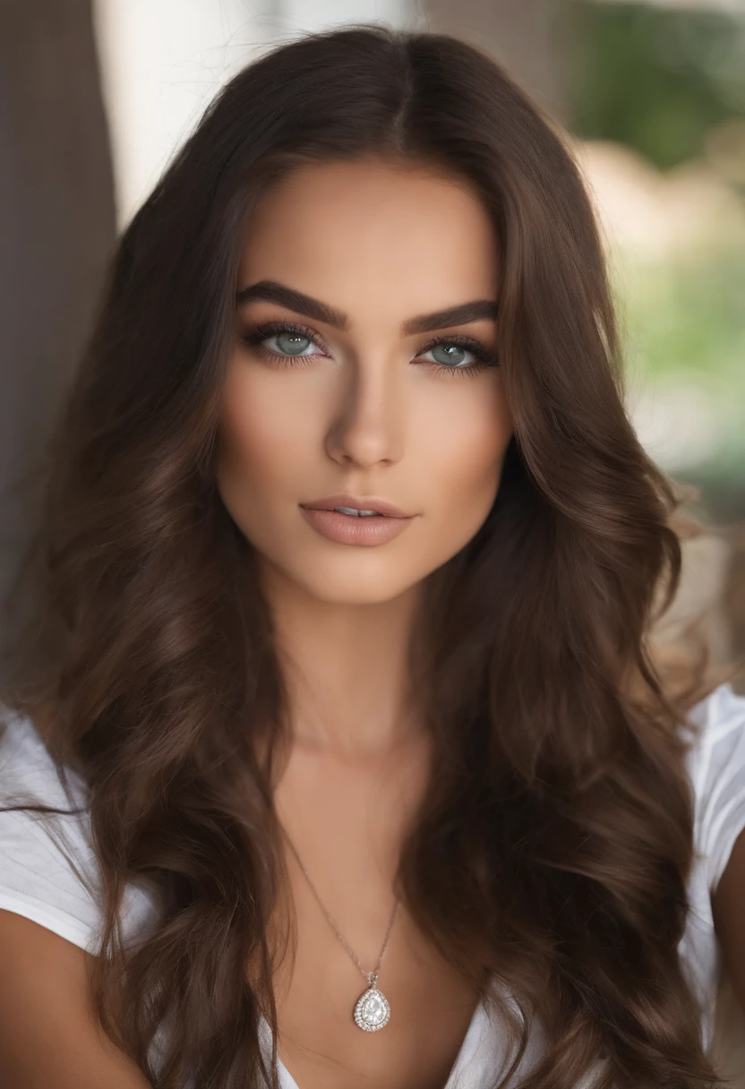 Arafed woman with a white tank top and necklace, fille sexy aux yeux verts, Portrait Sophie Mudd, cheveux bruns et grands yeux, selfie of a young woman, Yeux de chambre, Violet Myers, sans maquillage, maquillage naturel, looking straight at camera, Visage avec Artgram, Maquillage subtil, Superbe photo du corps entier, piercing green eyes, Bel angle, pose attrayante, fille mignonne, sexy pose, Image du corps entier, corps entier, Prise de vue du corps entier, brunette goddess, High detail, pose satisfaite, Pantalon en cuir