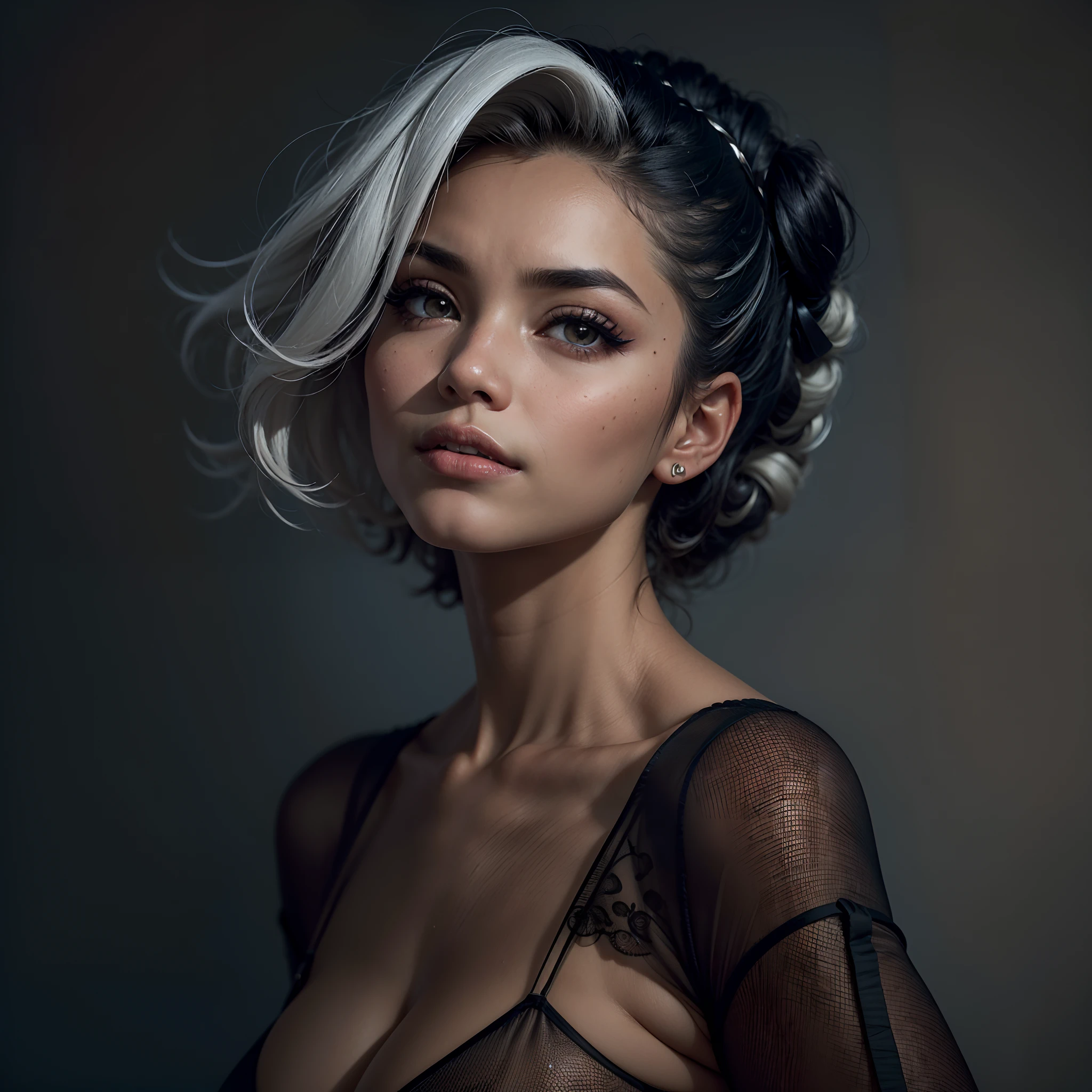 (wide shot), (futuristic hexagonal fashion style, deus ex aesthetic), (authentic expressive eyes: 1.2), An exquisite portrait of a Filipina woman wearing dark makeup, the photograph captured in stunning 8k resolution and raw format to preserve the highest quality of details. The woman's beauty is undeniable. She wears futuristic angular clothing that complements her soft features, (her eyes are portrayed with meticulous attention to detail: 1.3), showcasing the captivating depth within her eyes. The photograph is taken with a lens that emphasizes the gentle smile in her eyes, and the backdrop is a dark studio setting that enhances the muted colours of the scene. The lighting and shadows are expertly crafted to bring out the richness of her skin tone and the subtle nuances of her features. Her white hair with black sides, with its distinct hue, adds a touch of contrast against her olive skin. The interior setting adds a sense of intimacy. The overall composition captures her essence with authenticity and grace, creating a portrait that celebrates her heritage and beauty. Photography utilizing the best techniques for shadow and lighting, to create a mesmerizing portrayal that transcends the visual, slightly tilted head, (extreme eye details: 1.4)