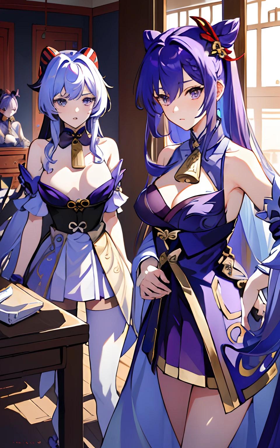 ((masterpiece:1.4, best quality)), ((multiple girls:1.4)), purple hair,blue hair, multiple girls, night,bedroom,standing, 2girls,  keqing \(genshin impact\) , ganyu \(genshin impact\), ganyu on left keqing on right, lingerie,